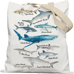 Beach Tote Bag, Species of Sharks Canvas Tote Bags for Women, Shark Gifts for Lovers Women, Reusable Grocery Shopping Bags, White