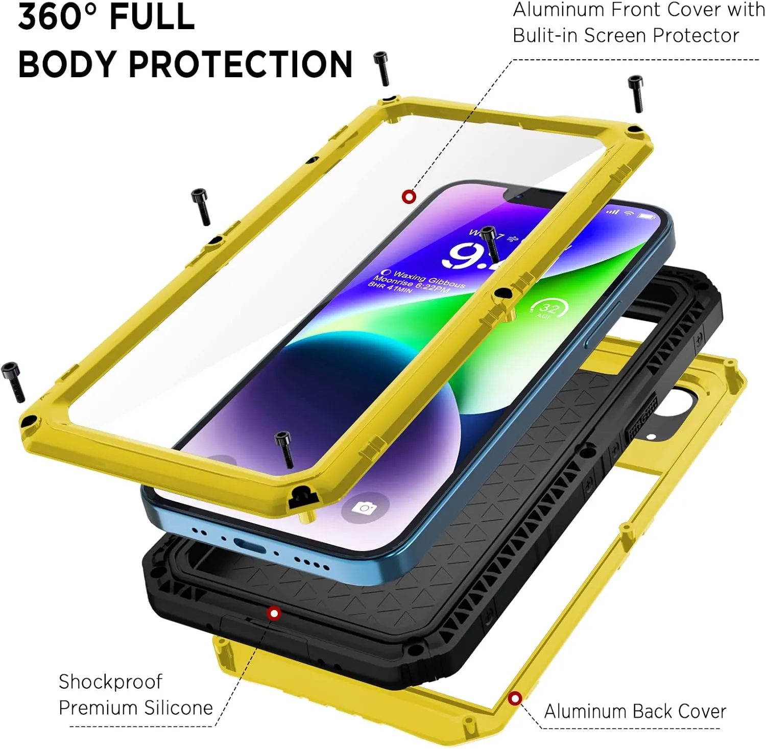 Beasyjoy for iPhone 14 Case Waterproof, Metal Heavy Duty Full Body Protective Case with Built-in Screen Protector, Military Grade Shockproof Dustproof Defender Rugged Cover 6.1 Inch, Yellow