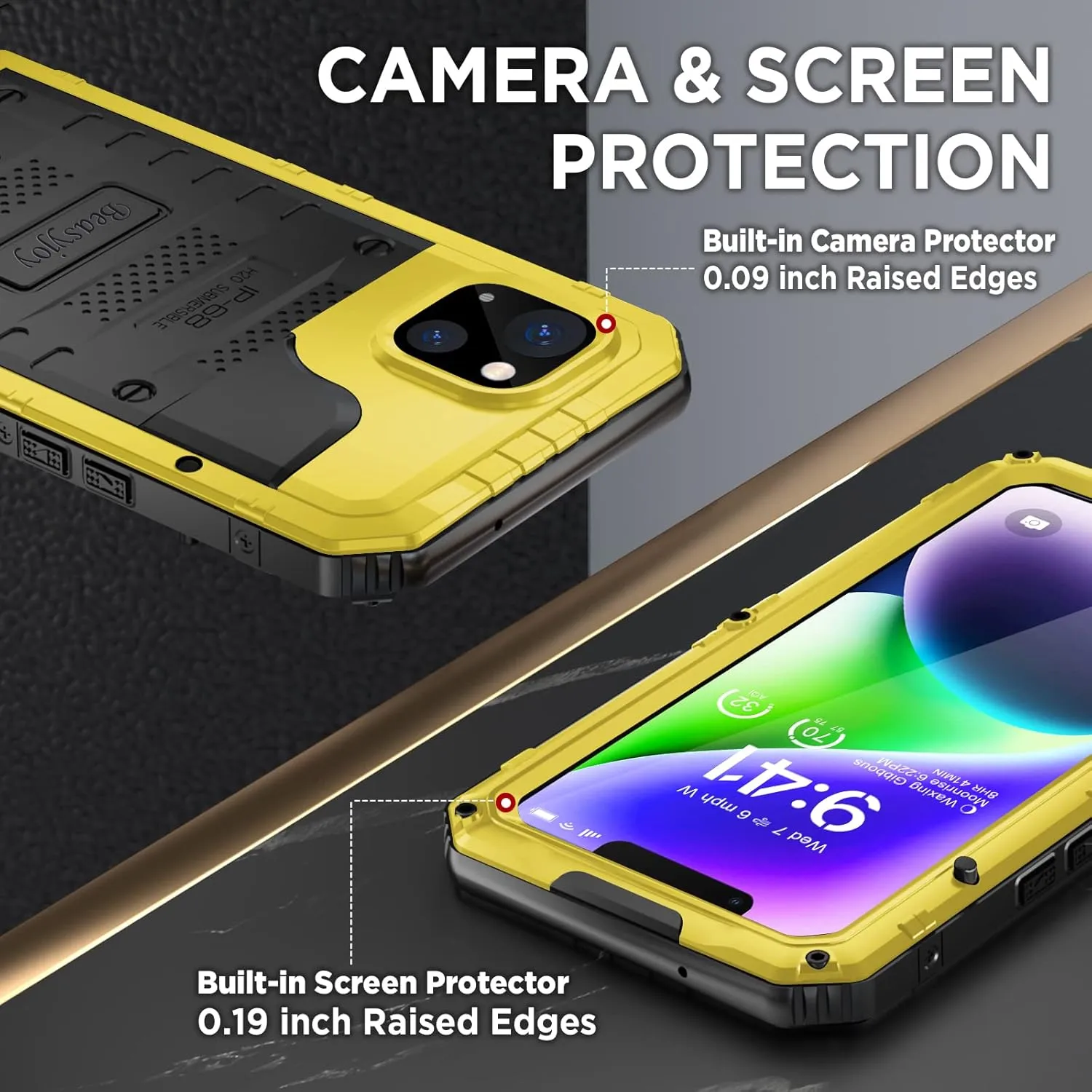 Beasyjoy for iPhone 14 Case Waterproof, Metal Heavy Duty Full Body Protective Case with Built-in Screen Protector, Military Grade Shockproof Dustproof Defender Rugged Cover 6.1 Inch, Yellow