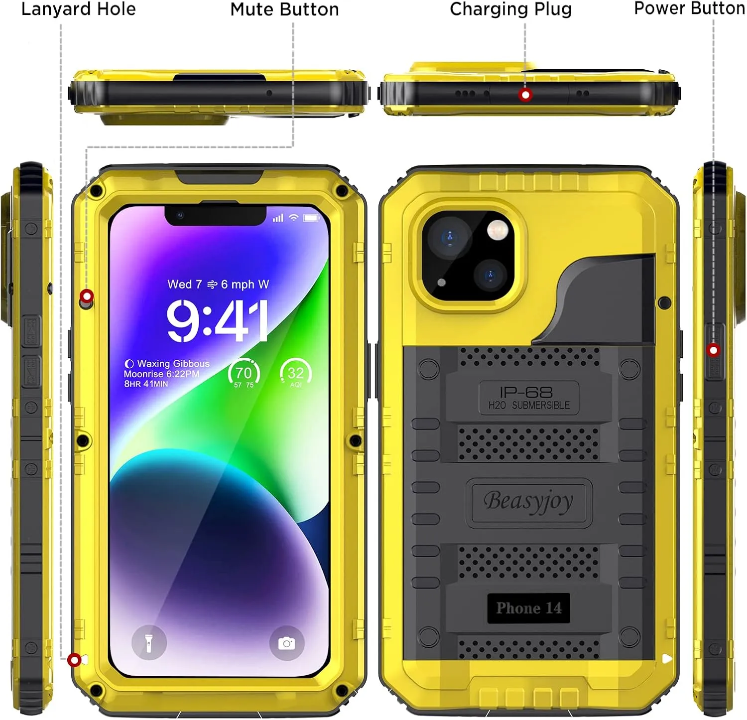 Beasyjoy for iPhone 14 Case Waterproof, Metal Heavy Duty Full Body Protective Case with Built-in Screen Protector, Military Grade Shockproof Dustproof Defender Rugged Cover 6.1 Inch, Yellow