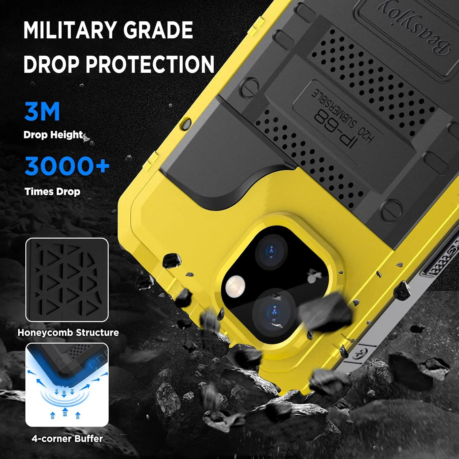 Beasyjoy for iPhone 14 Case Waterproof, Metal Heavy Duty Full Body Protective Case with Built-in Screen Protector, Military Grade Shockproof Dustproof Defender Rugged Cover 6.1 Inch, Yellow