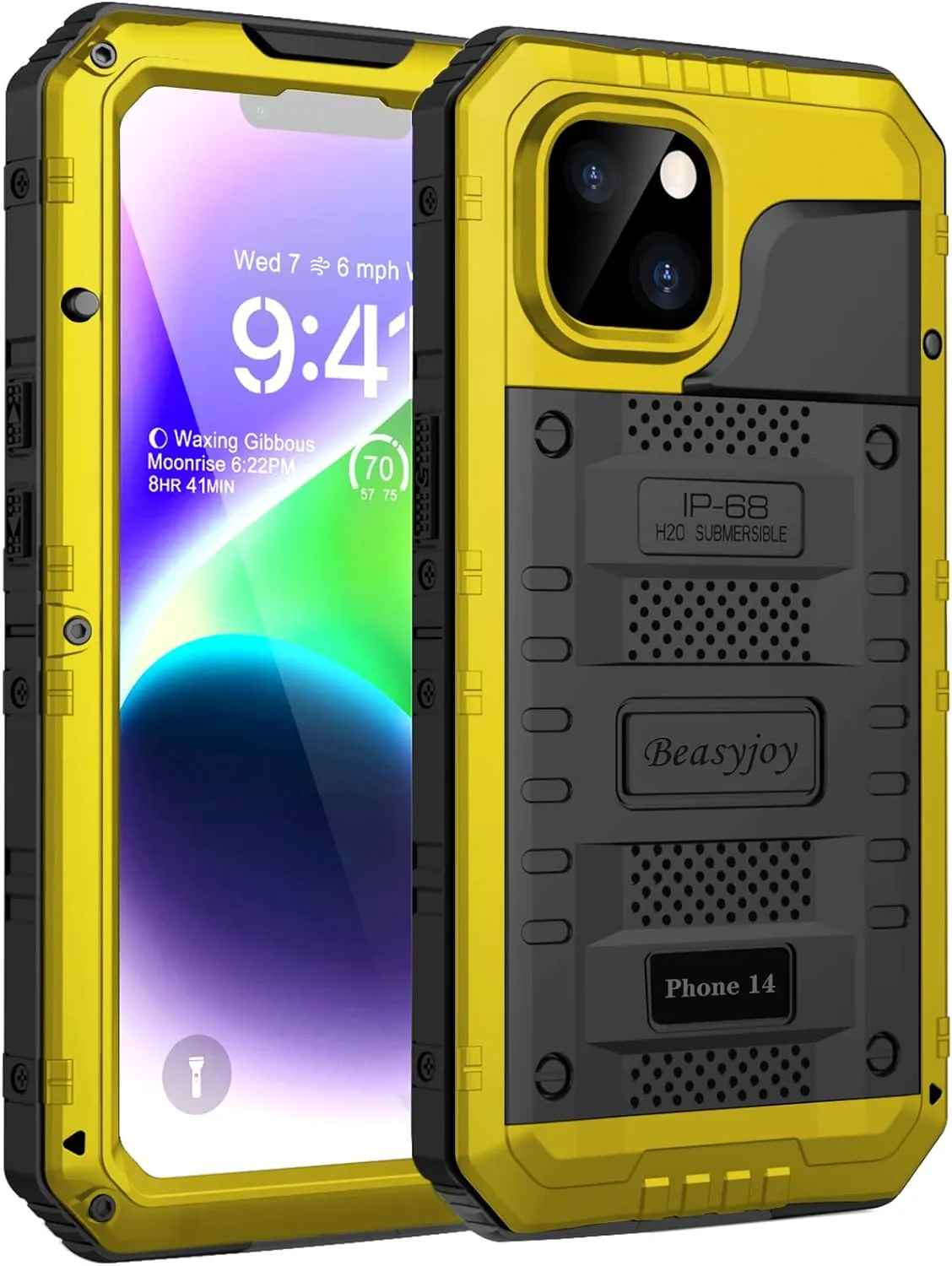 Beasyjoy for iPhone 14 Case Waterproof, Metal Heavy Duty Full Body Protective Case with Built-in Screen Protector, Military Grade Shockproof Dustproof Defender Rugged Cover 6.1 Inch, Yellow