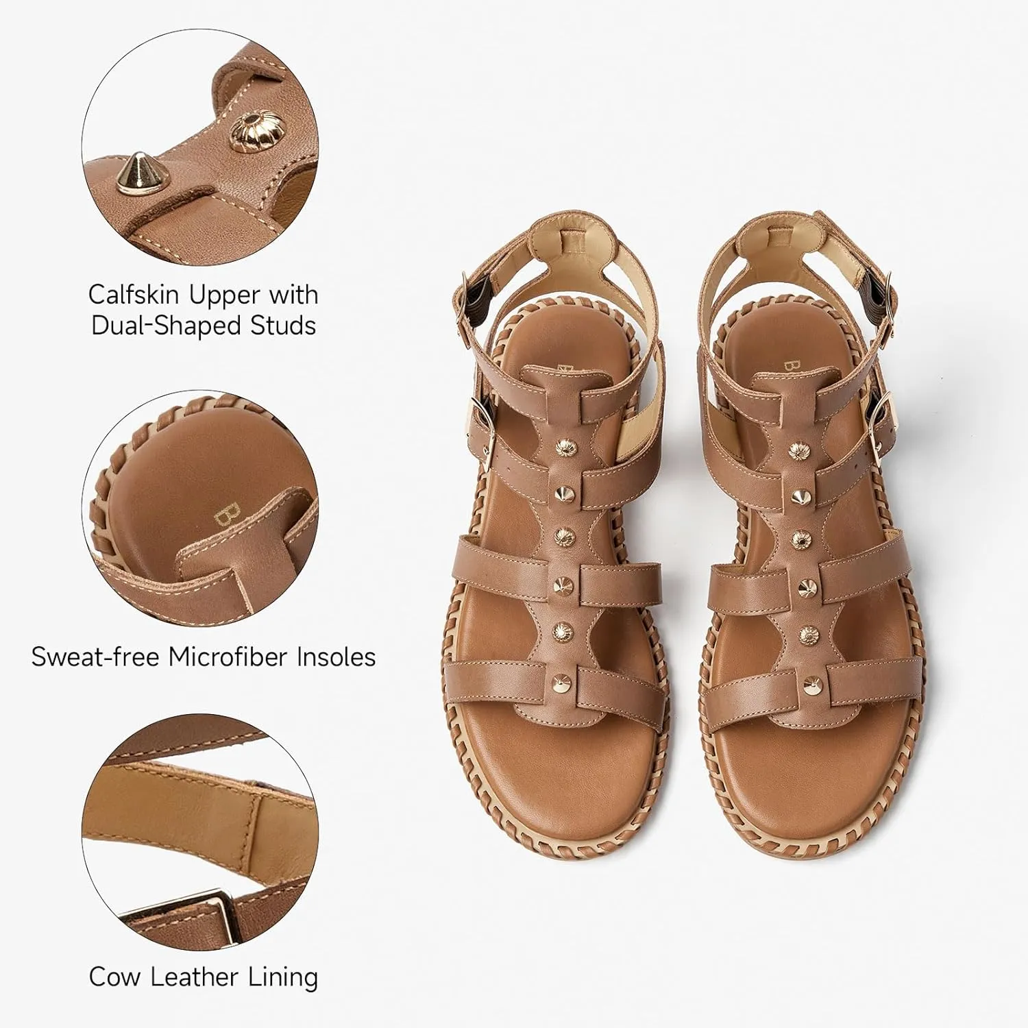 BEAU TODAY Women’s Flat Gladiator Sandals, Leather Fisherman Studded Sandals Shoes for Women, Roman Boho Strappy Comfortable Dress Buckle Summer Beach Shoes
