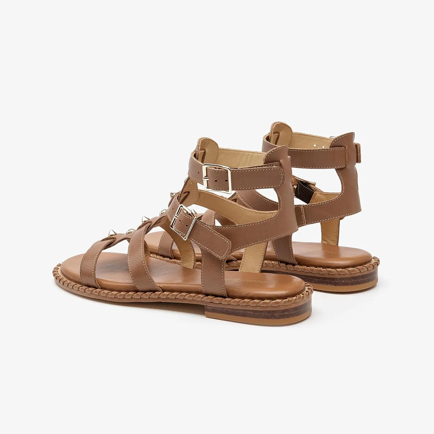 BEAU TODAY Women’s Flat Gladiator Sandals, Leather Fisherman Studded Sandals Shoes for Women, Roman Boho Strappy Comfortable Dress Buckle Summer Beach Shoes