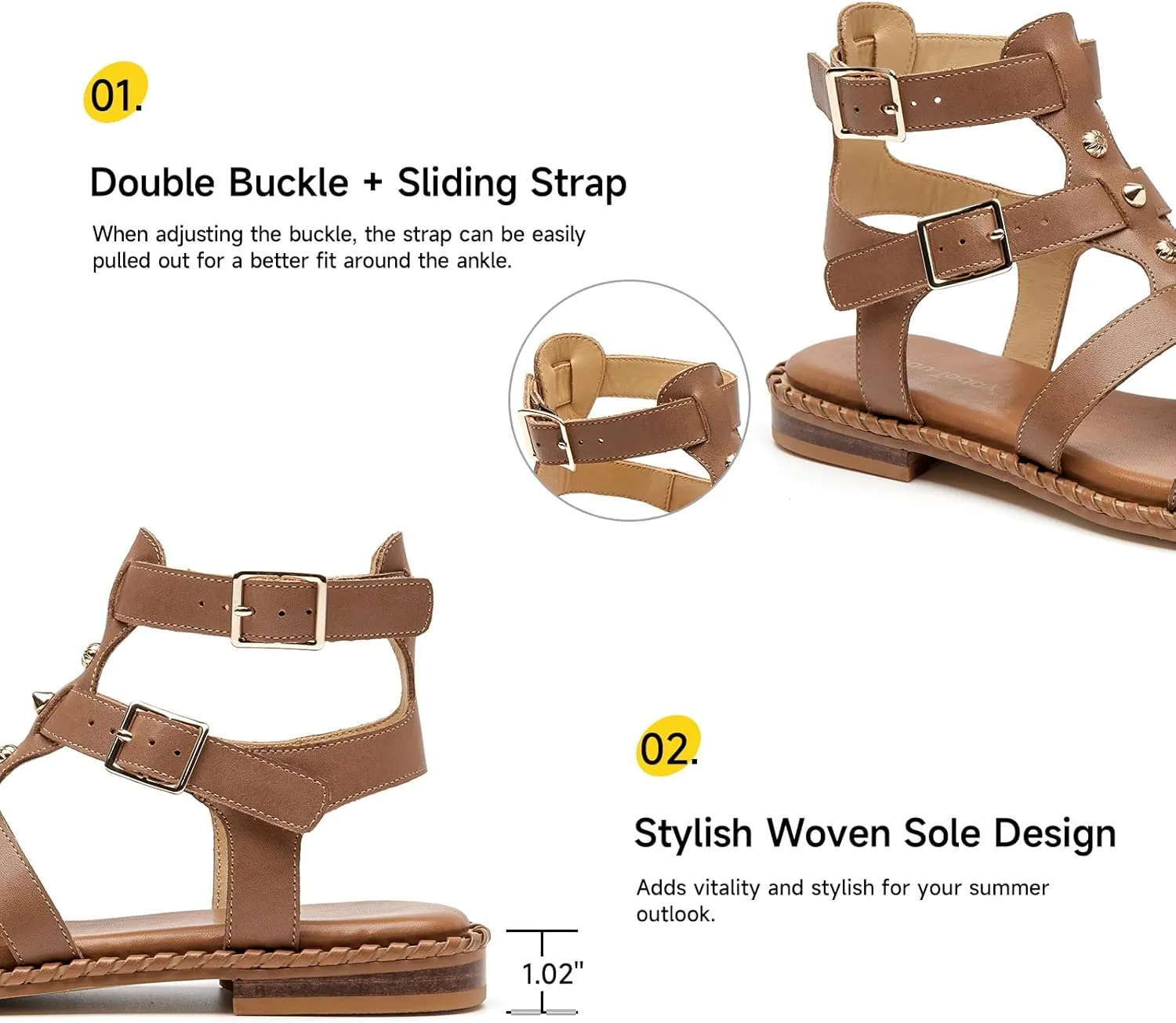 BEAU TODAY Women’s Flat Gladiator Sandals, Leather Fisherman Studded Sandals Shoes for Women, Roman Boho Strappy Comfortable Dress Buckle Summer Beach Shoes