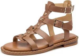 BEAU TODAY Women’s Flat Gladiator Sandals, Leather Fisherman Studded Sandals Shoes for Women, Roman Boho Strappy Comfortable Dress Buckle Summer Beach Shoes