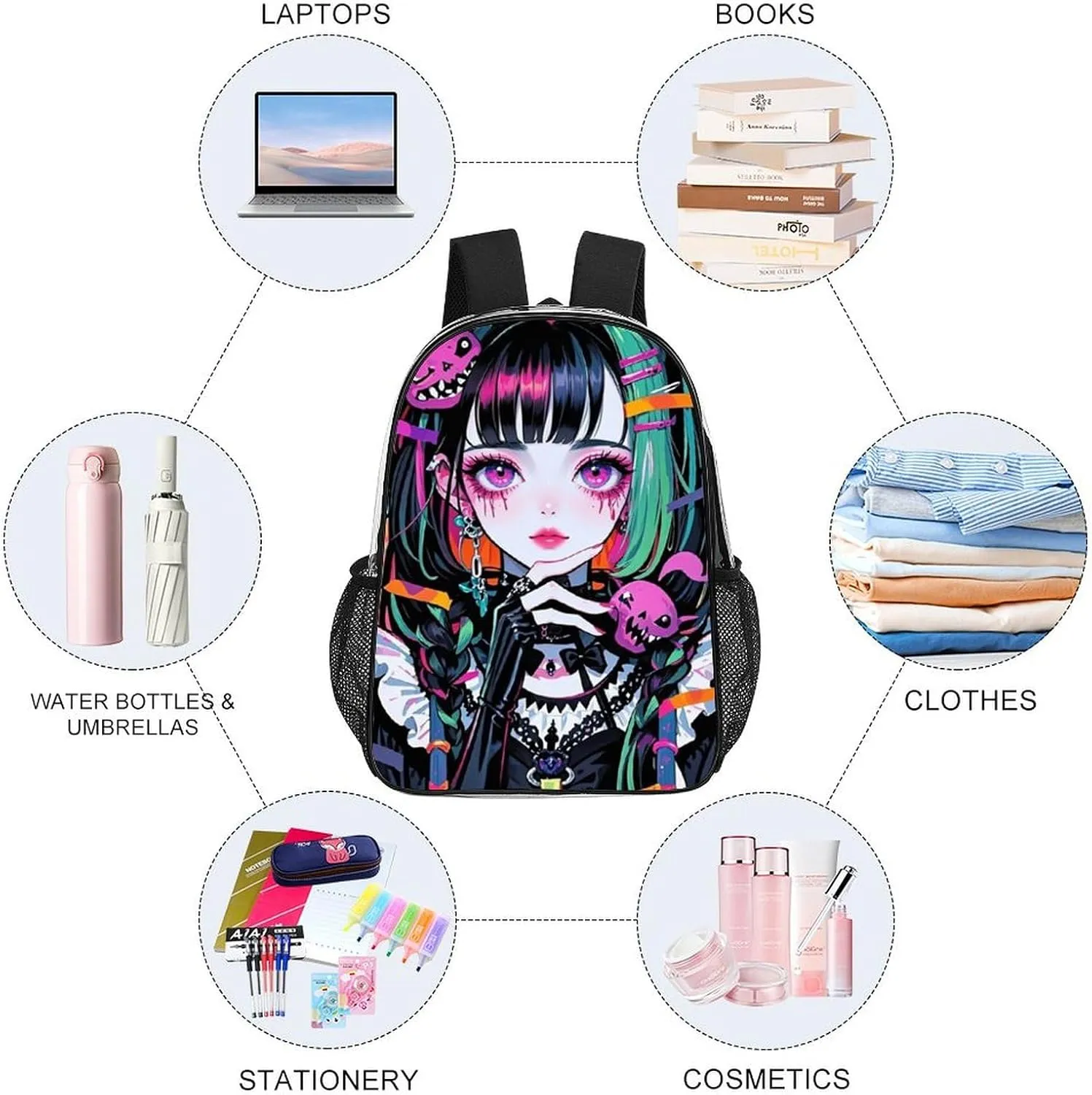 Beautiful Gothic Women Neon Art Backpack Transparent Multipurpose Anti-Theft Shoulder Bag Big Capacity Gym Outdoor Hiking Backpack With Padded Straps