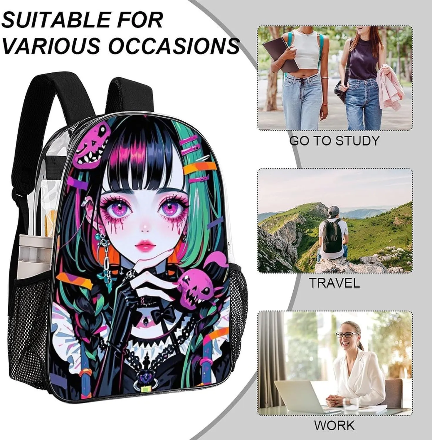 Beautiful Gothic Women Neon Art Backpack Transparent Multipurpose Anti-Theft Shoulder Bag Big Capacity Gym Outdoor Hiking Backpack With Padded Straps