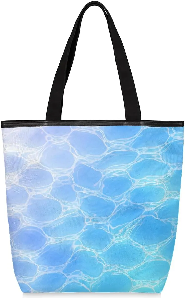 Beautiful Sea Water Abstraction Canvas Tote Bag with Zipper and Pockets Canvas Tote Shopping Bag Women Reusable Grocery Bag for Beach Travel Gym Shopping