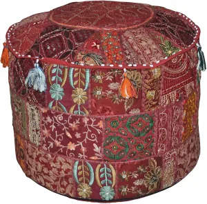 Beautifull Rajasthani Patchwork Pouf Cover Living Room Pouf Decorative Cotton Ottoman Embroidered Designer Ottoman Home Living Footstool Chair Cover Ottoman Vintage Pouffe Cover (18 Inches, Red)
