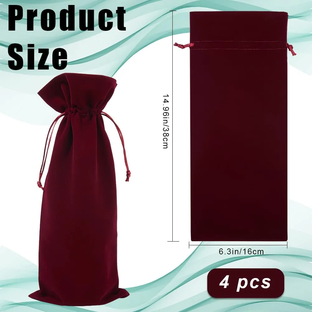 Beebeecraft 4Pcs Velvet Wine Bottle Bags with Double Drawstring Champagne Wine Packing Pouches Gifts Wrapping Bags 14.76x5.98in for Birthday Dinner Wedding Party