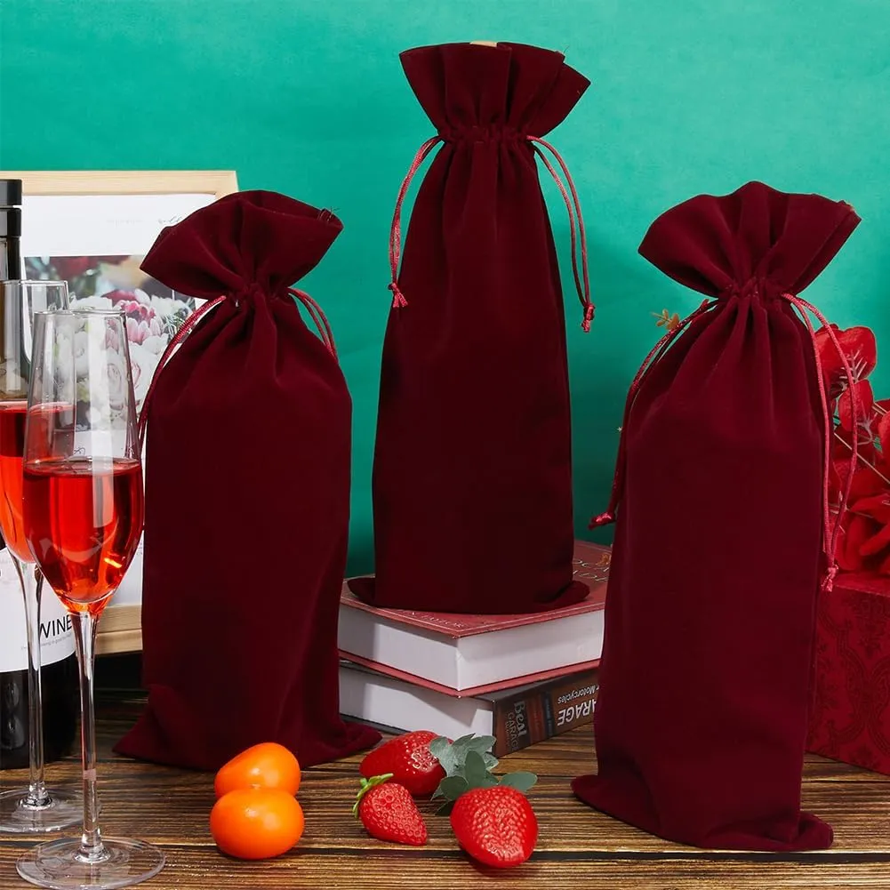 Beebeecraft 4Pcs Velvet Wine Bottle Bags with Double Drawstring Champagne Wine Packing Pouches Gifts Wrapping Bags 14.76x5.98in for Birthday Dinner Wedding Party
