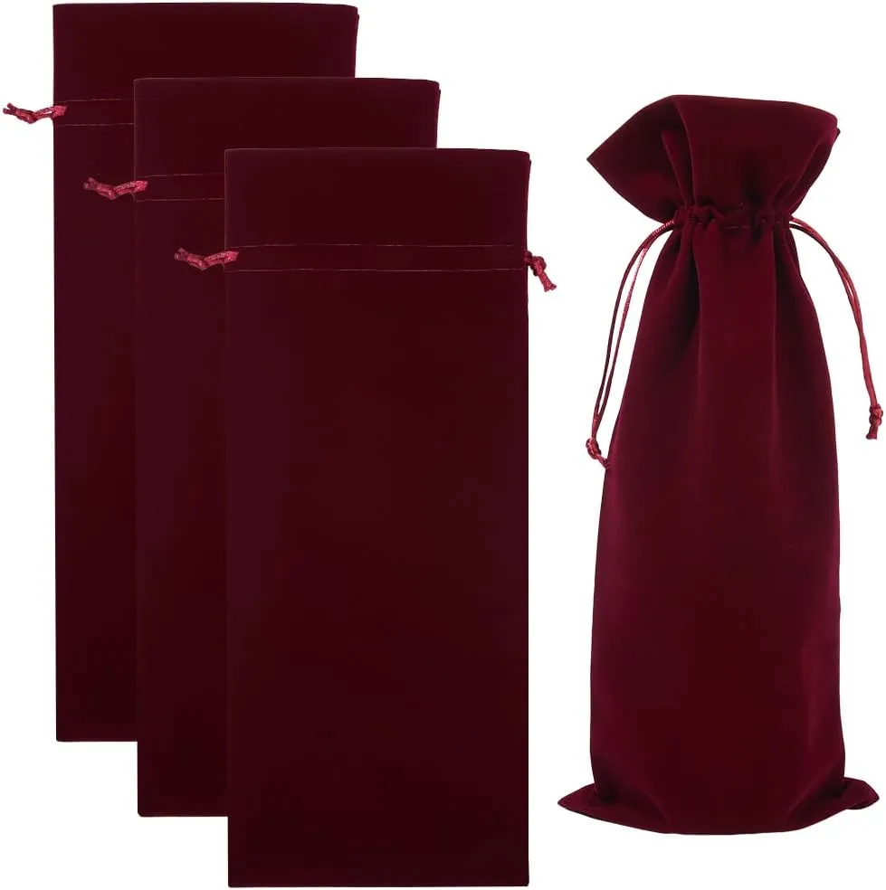Beebeecraft 4Pcs Velvet Wine Bottle Bags with Double Drawstring Champagne Wine Packing Pouches Gifts Wrapping Bags 14.76x5.98in for Birthday Dinner Wedding Party