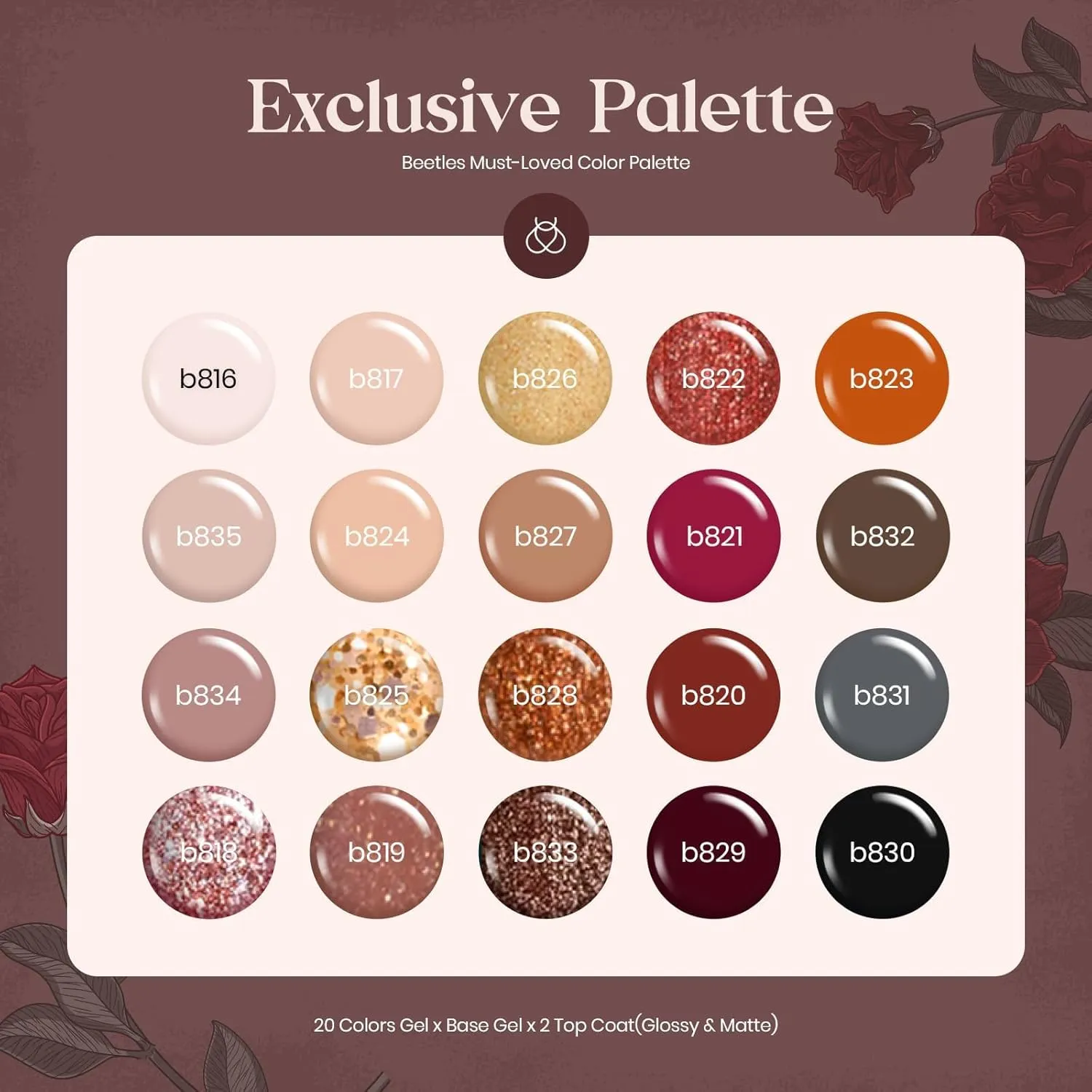 Beetles 23Pcs Gel Nail Polish Kit, Nude Pink Brown Burgundy Red Gel Polish Set with Base Top Coat Verse of Roses Kit, Soak off Uv Gel Golden Glitter Holiday Nail for Women