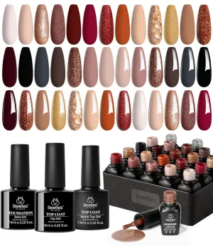 Beetles 23Pcs Gel Nail Polish Kit, Nude Pink Brown Burgundy Red Gel Polish Set with Base Top Coat Verse of Roses Kit, Soak off Uv Gel Golden Glitter Holiday Nail for Women