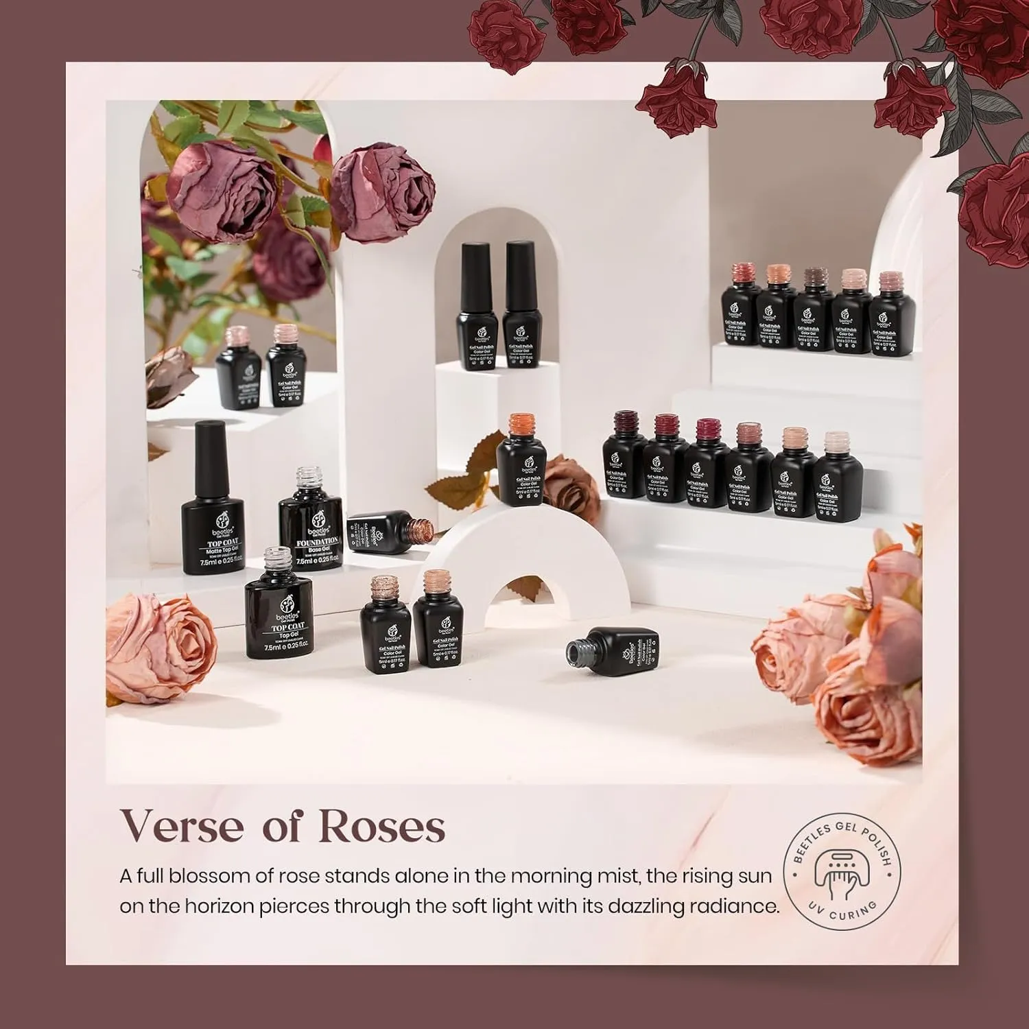 Beetles 23Pcs Gel Nail Polish Kit, Nude Pink Brown Burgundy Red Gel Polish Set with Base Top Coat Verse of Roses Kit, Soak off Uv Gel Golden Glitter Holiday Nail for Women