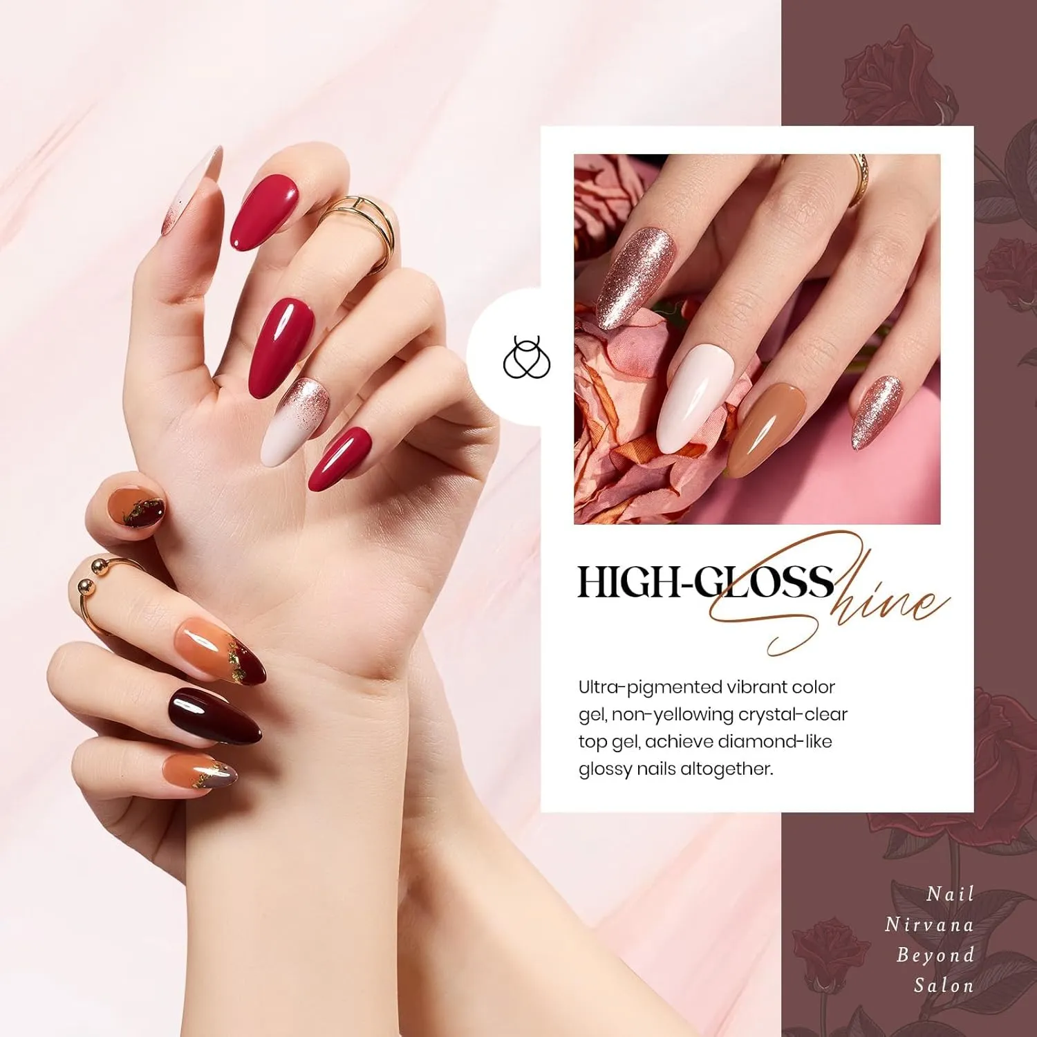 Beetles 23Pcs Gel Nail Polish Kit, Nude Pink Brown Burgundy Red Gel Polish Set with Base Top Coat Verse of Roses Kit, Soak off Uv Gel Golden Glitter Holiday Nail for Women