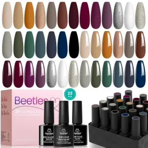 Beetles 23Pcs Gel Nail Polish Set with Base Gel Glossy Matte Top Coat, Gray Brown Burgundy Red Purple Glitter Gel Polish Set Soak Off Uv Gel Nail Kit for Women Industrial Wave Collection