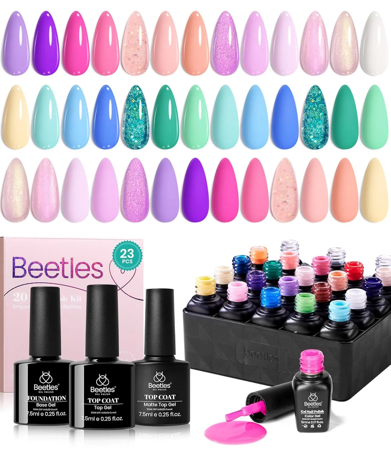 Beetles Gel Nail Polish Set-20 Colors Hot Pink Purple Shimmer Green Unicorn Bright Glitter Manicure Macaron Collection Gel Polish Kit with Base Matte Glossy Top Coat