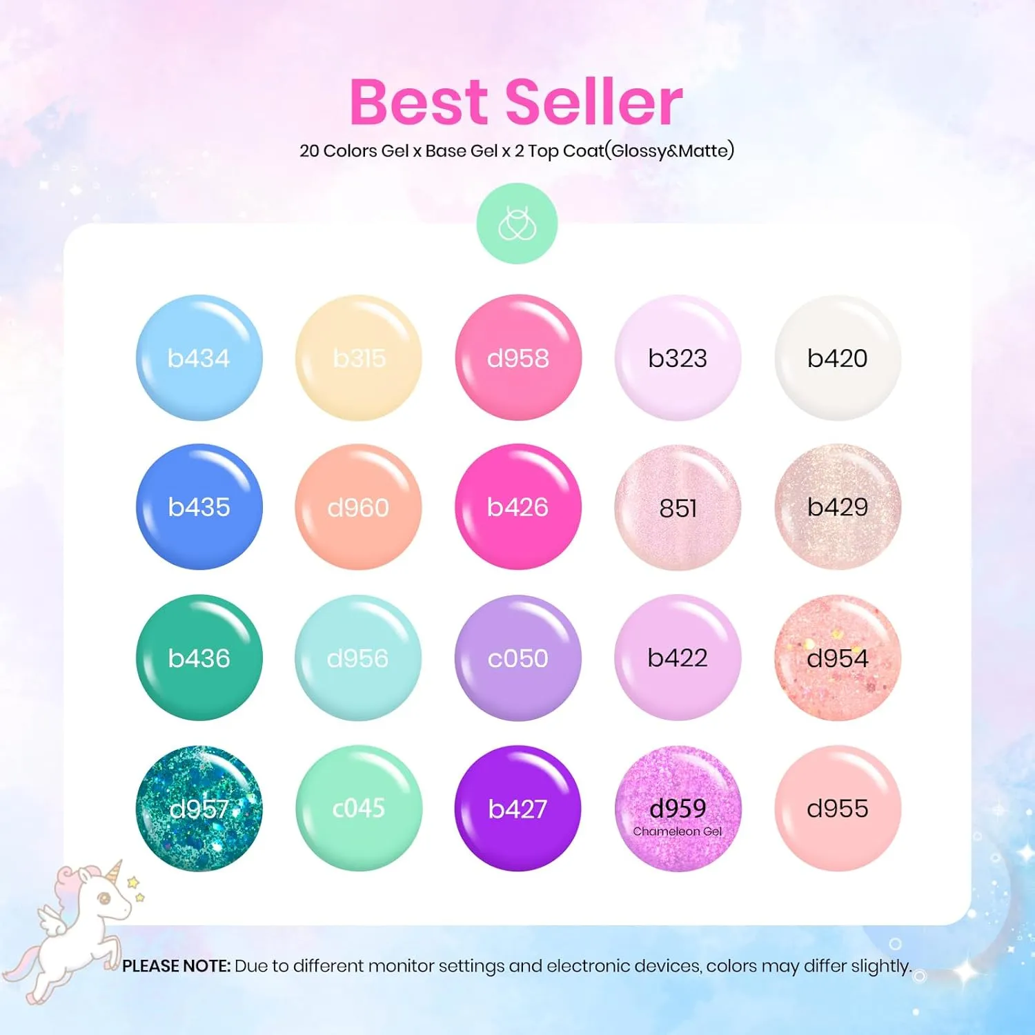 Beetles Gel Nail Polish Set-20 Colors Hot Pink Purple Shimmer Green Unicorn Bright Glitter Manicure Macaron Collection Gel Polish Kit with Base Matte Glossy Top Coat