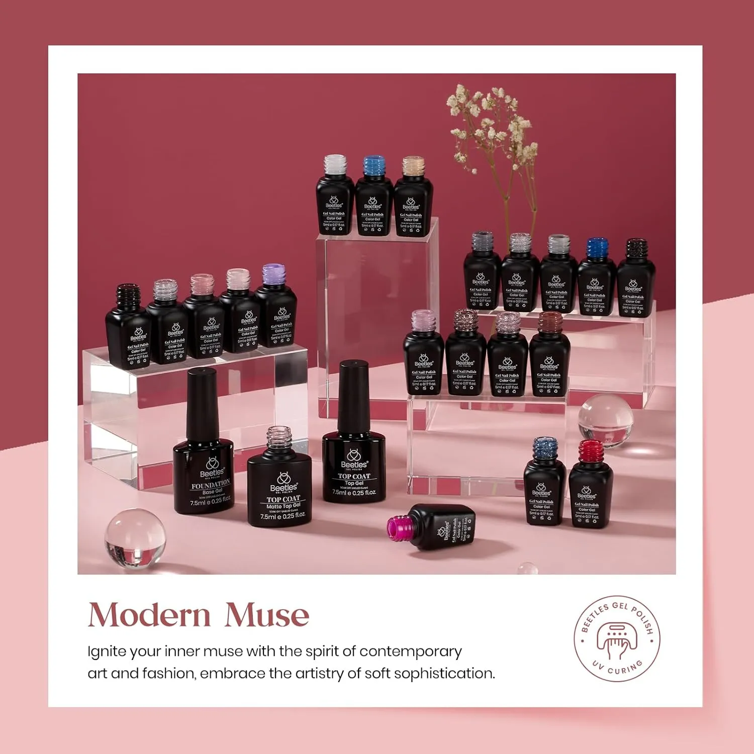 beetles Gel Polish Kit, Nude Gray Pink Blue Burgundy Glitter Gel Polish Set Modern Muse Collection with 3Pcs Base Matte Glossy Top Coat Soak off Uv Gel for Women