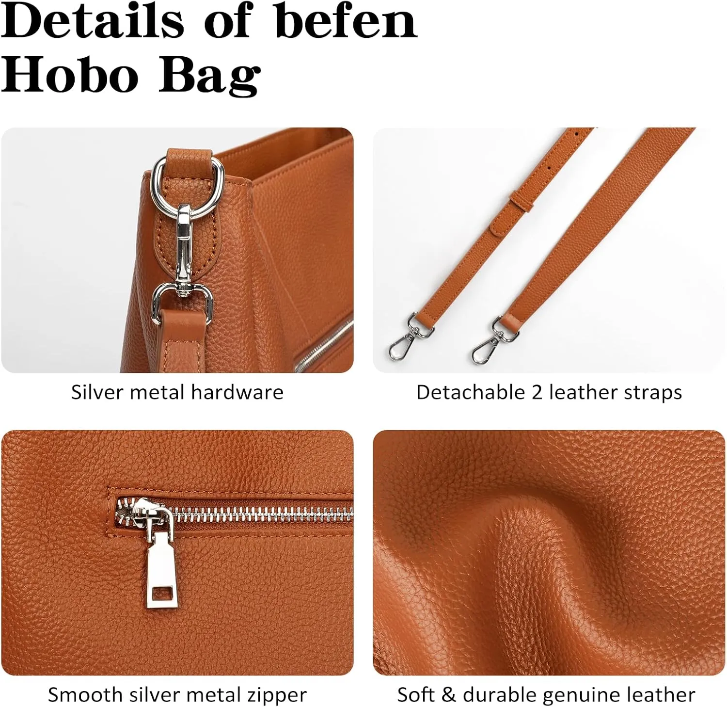 befen Genuine Leather Hobo Bags Purses for Women, Women's Shoulder bag Handbags Crossbody Bag with 2 Shoulder Straps