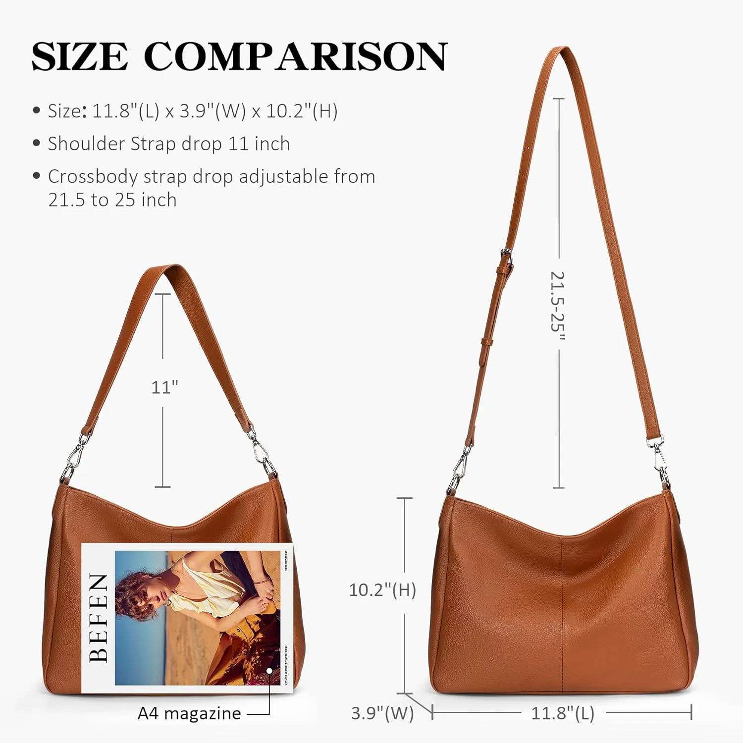 befen Genuine Leather Hobo Bags Purses for Women, Women's Shoulder bag Handbags Crossbody Bag with 2 Shoulder Straps