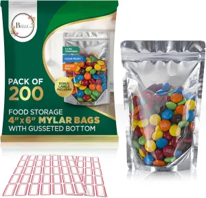 BELLE KR® 4x6 Mylar Bags for Food Storage with 7.5mil Thick - Pack Of 200 - Stand Up Clear Mylar Bags with See Through Window - Small 1/2 Pint Pouches for Freeze Dried Candy - Labels Included