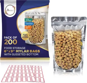 BELLE KR® 6x9 Quart Mylar Bags for Food Storage - 7.5mil Thick - Pack Of 200 - Stand Up Clear Front Mylar Bags with See Through Window - Resealable
