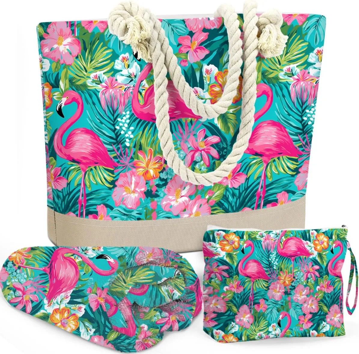BELLOWDEER Beach Bags for Women, Beach Towel, Wet Bag Cosmetic Bag, Pool Waterproof Shoulder Tote Bags, Pocket Zipper Summer Travel Essentials, Gifts for Women Birthday - Flamingo (3-Piece Set)