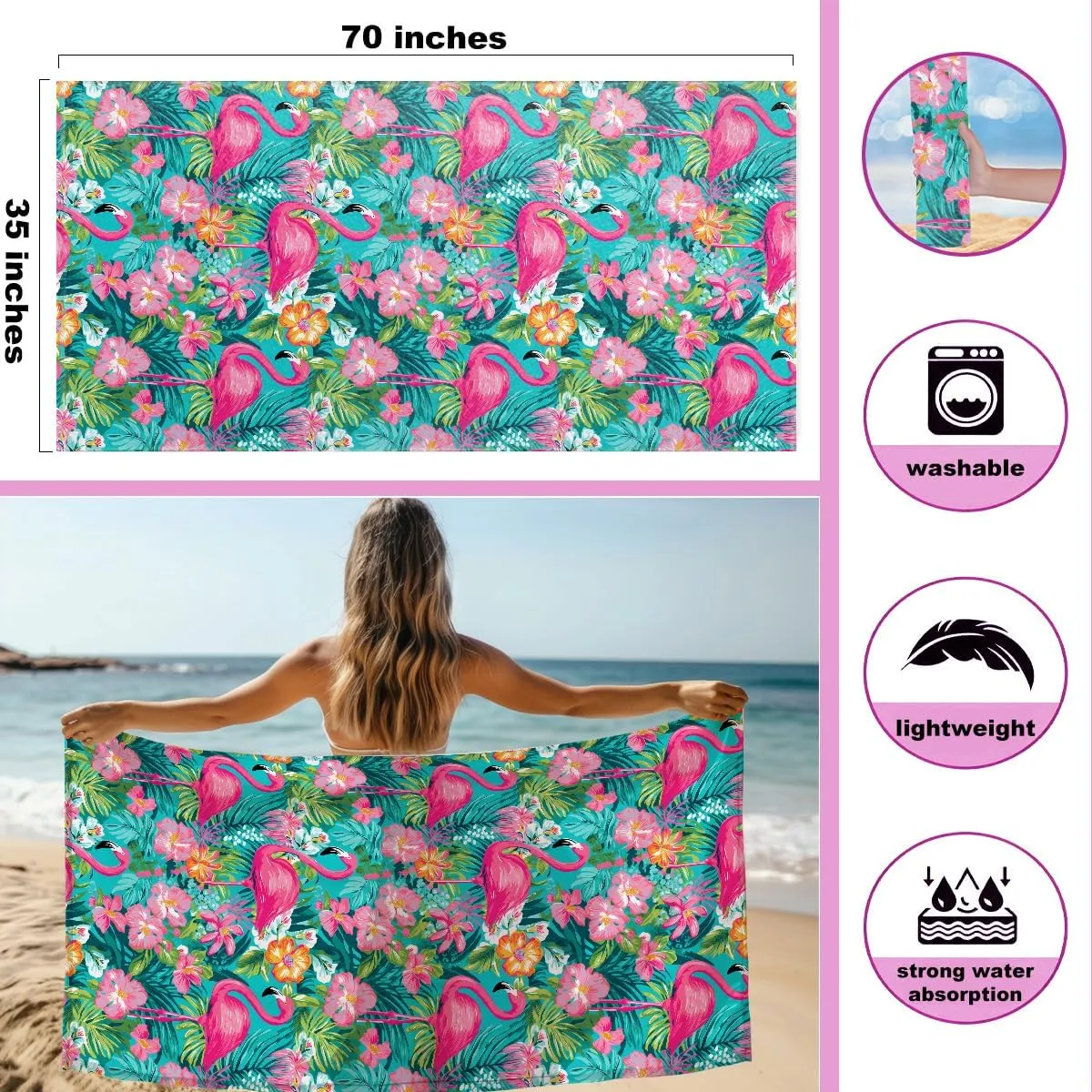 BELLOWDEER Beach Bags for Women, Beach Towel, Wet Bag Cosmetic Bag, Pool Waterproof Shoulder Tote Bags, Pocket Zipper Summer Travel Essentials, Gifts for Women Birthday - Flamingo (3-Piece Set)