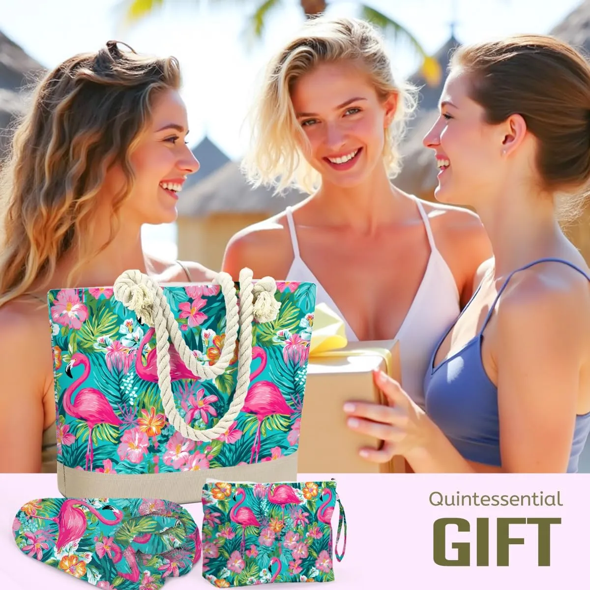 BELLOWDEER Beach Bags for Women, Beach Towel, Wet Bag Cosmetic Bag, Pool Waterproof Shoulder Tote Bags, Pocket Zipper Summer Travel Essentials, Gifts for Women Birthday - Flamingo (3-Piece Set)