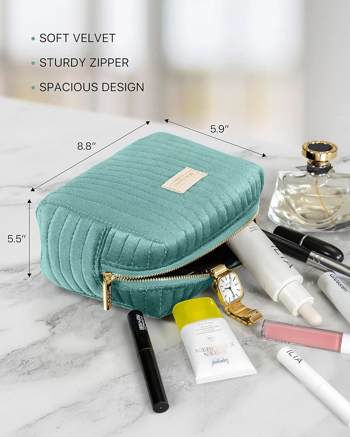 Benevolence LA Large Capacity Travel Cosmetic Bag, Premium Velvet Toiletry Bag for Women, Versatile Use, Cyan