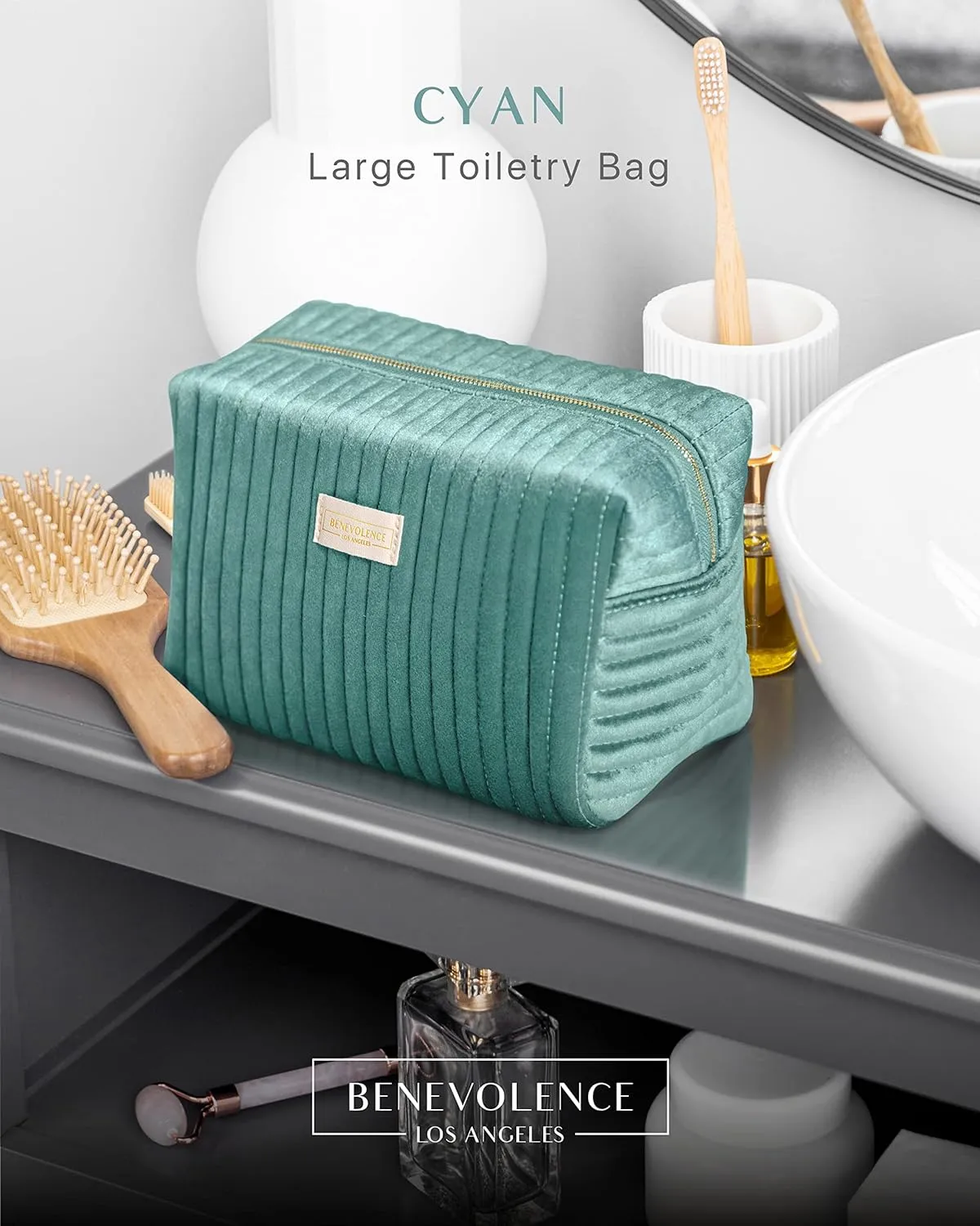 Benevolence LA Large Capacity Travel Cosmetic Bag, Premium Velvet Toiletry Bag for Women, Versatile Use, Cyan