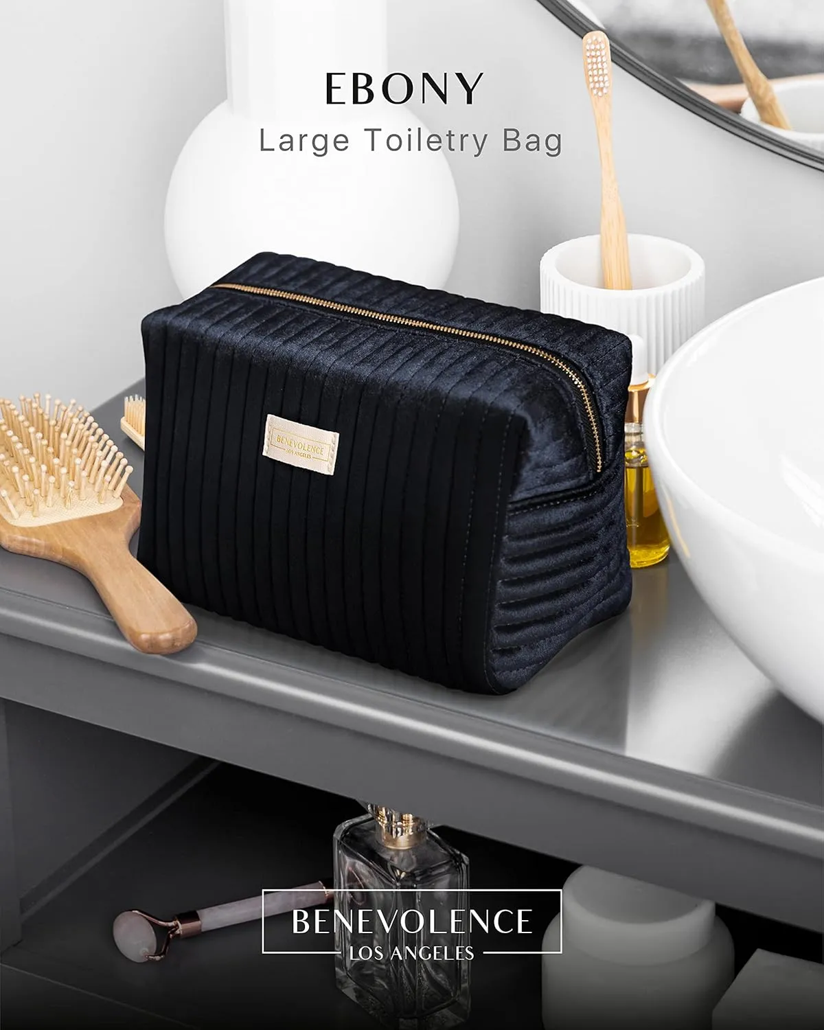 Benevolence LA Plush Velvet Large Makeup Bag for Travel | Cosmetic Pouch, Toiletry Organizer for Women, Large Capacity Bag for Accessories, Quilted Purse - Ebony