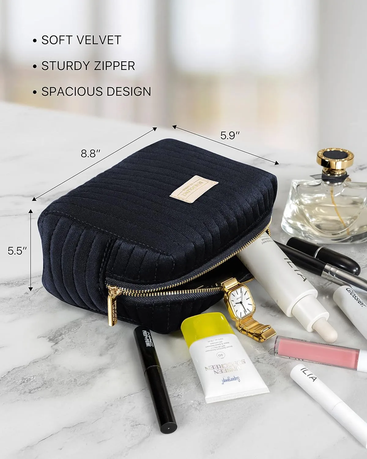 Benevolence LA Plush Velvet Large Makeup Bag for Travel | Cosmetic Pouch, Toiletry Organizer for Women, Large Capacity Bag for Accessories, Quilted Purse - Ebony