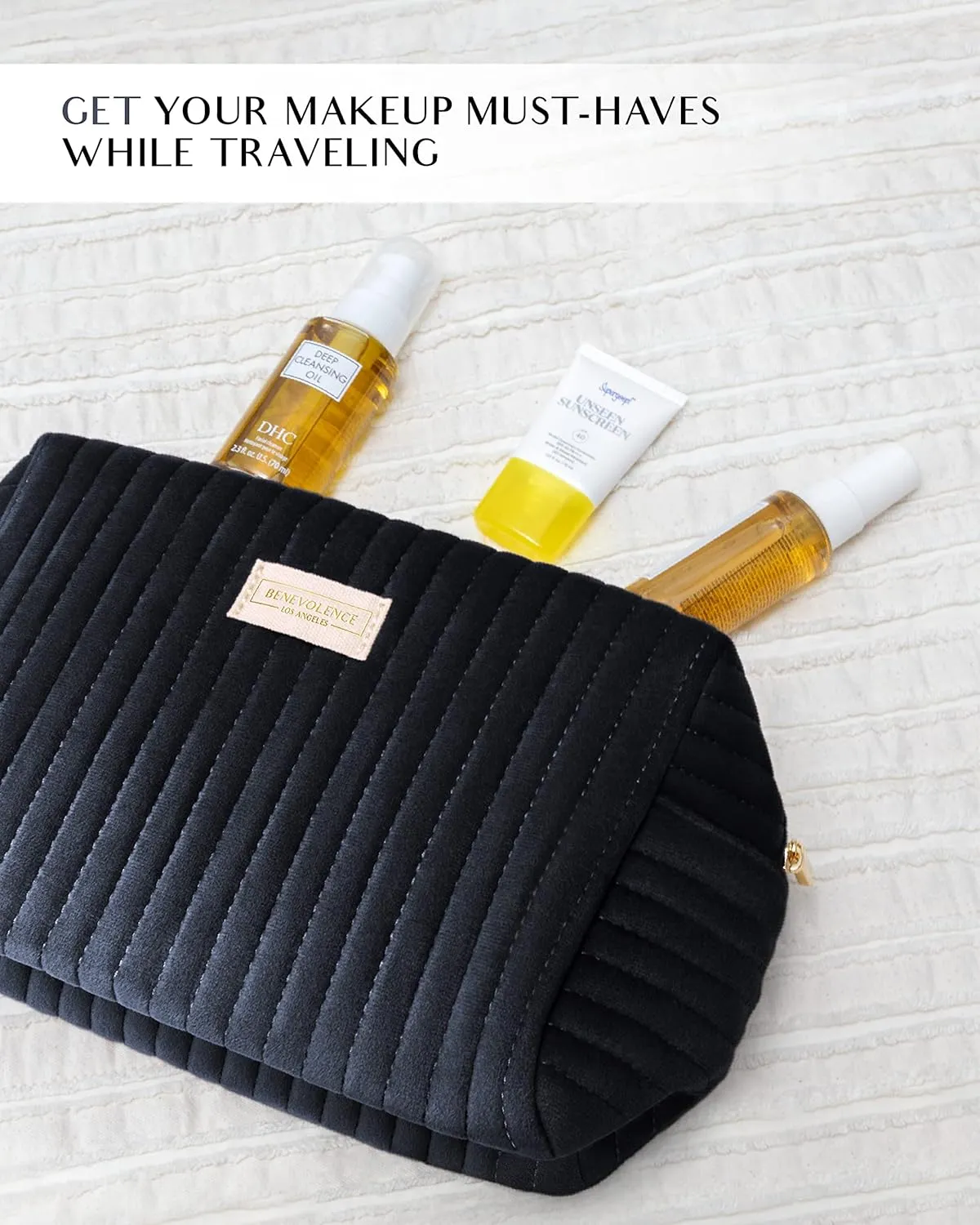 Benevolence LA Plush Velvet Large Makeup Bag for Travel | Cosmetic Pouch, Toiletry Organizer for Women, Large Capacity Bag for Accessories, Quilted Purse - Ebony