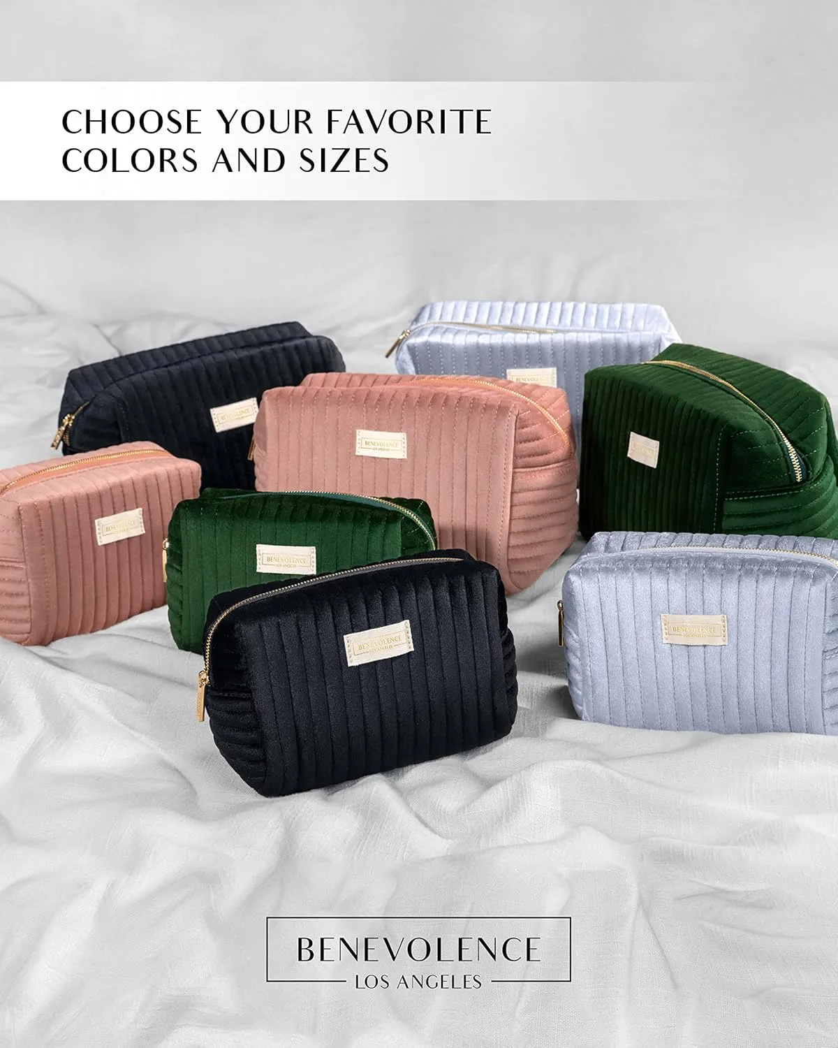 Benevolence LA Plush Velvet Large Makeup Bag for Travel | Cosmetic Pouch, Toiletry Organizer for Women, Large Capacity Bag for Accessories, Quilted Purse - Ebony