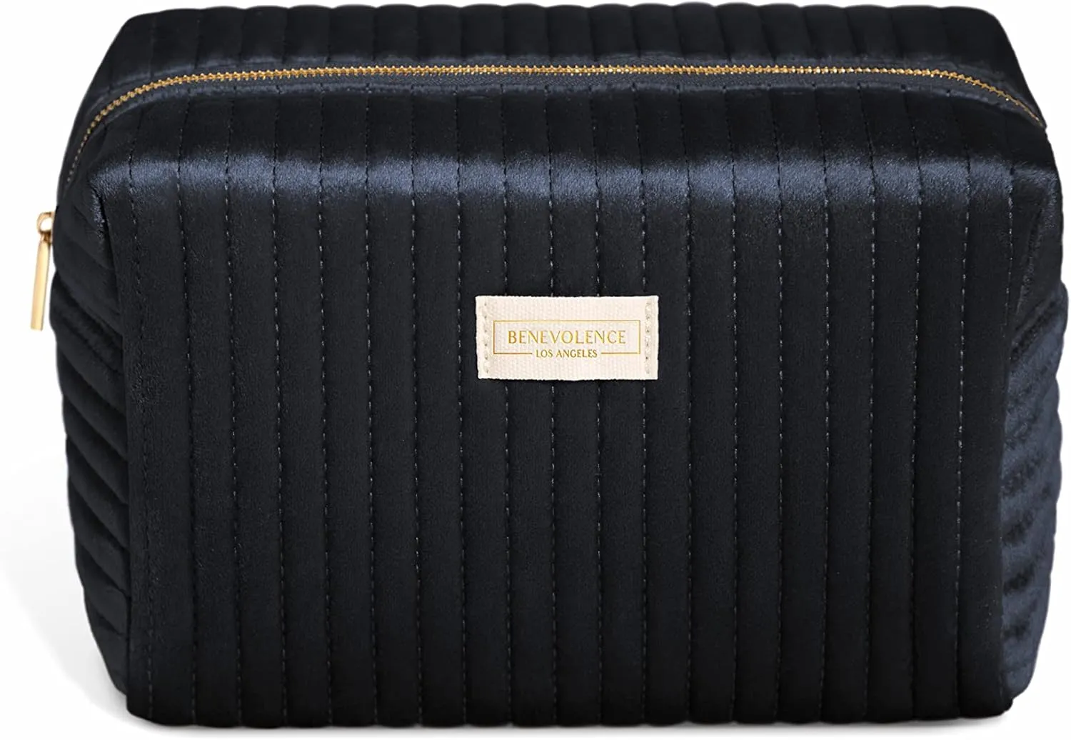 Benevolence LA Plush Velvet Large Makeup Bag for Travel | Cosmetic Pouch, Toiletry Organizer for Women, Large Capacity Bag for Accessories, Quilted Purse - Ebony