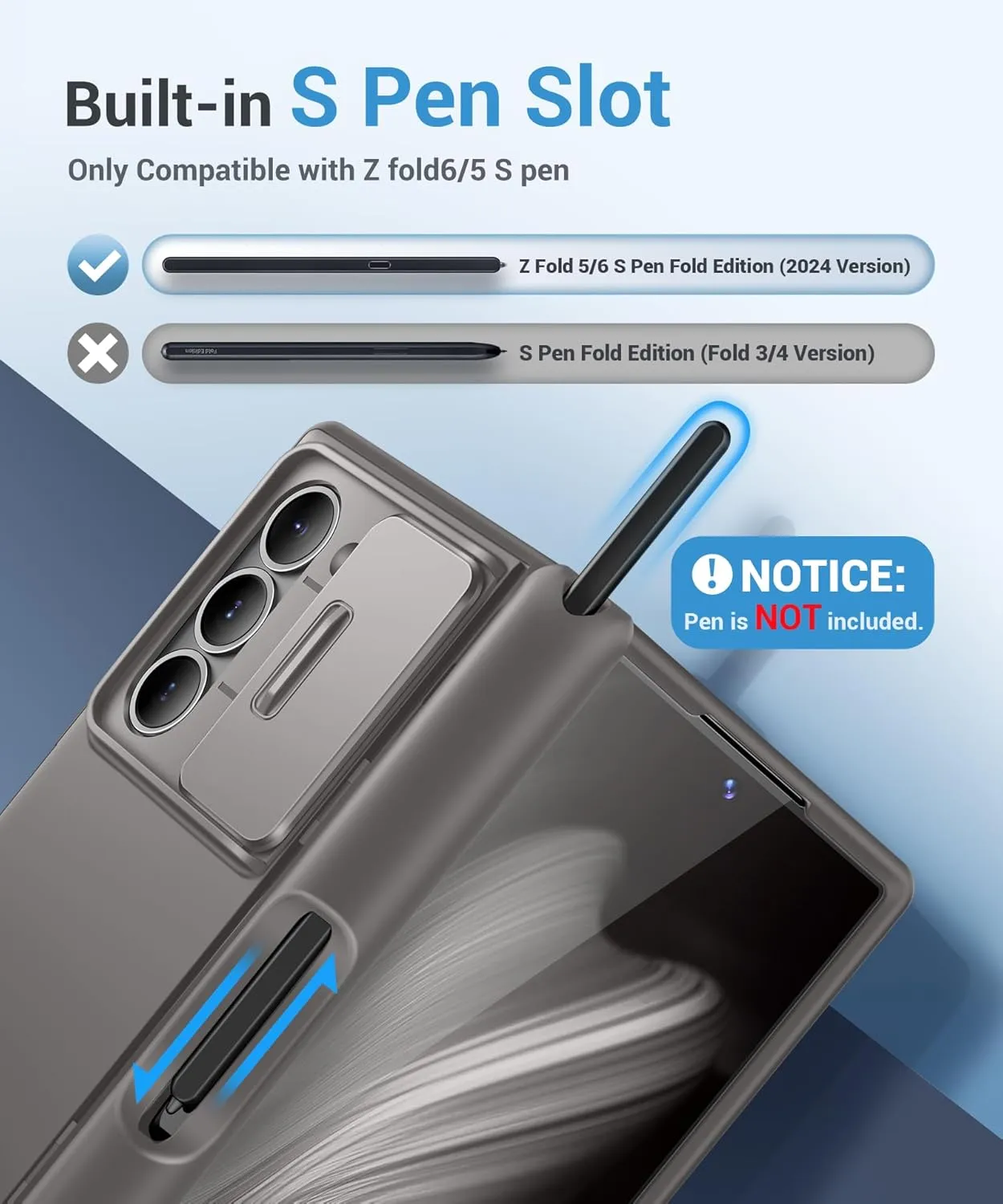 BERFY for Samsung Galaxy Z Fold 6 Case with S Pen Holder, [Built-in Screen Protector & Kickstand & Slide Camera Cover] Full Body Heavy Duty Shockproof Slim Hard Phone Case for Samsung Z Fold 6, Grey