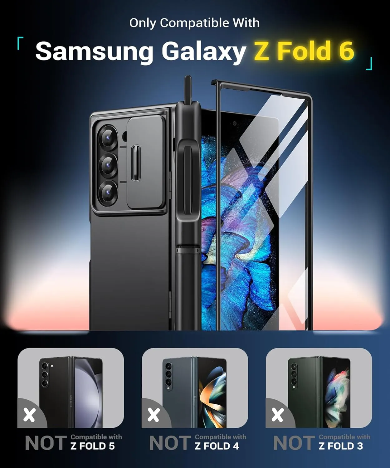 BERFY for Samsung Galaxy Z Fold 6 Case with Screen Protector, [2 Invisible Kickstand] Built-in S Pen Holder and Slide Camera Cover, [Anti Spy] Full-Body Shockproof Slim Phone Case for Z Fold 6, Black