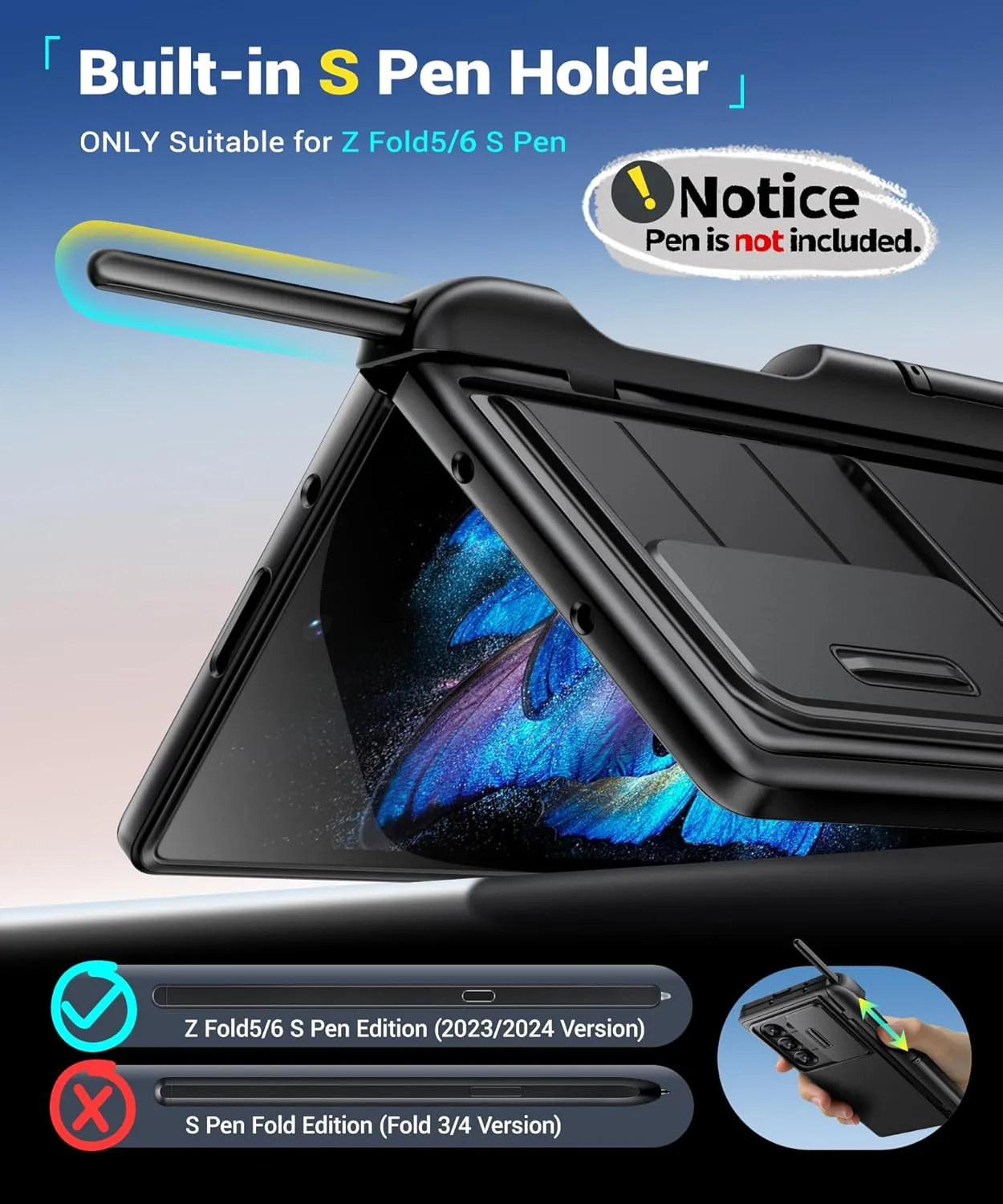BERFY for Samsung Galaxy Z Fold 6 Case with Screen Protector, [2 Invisible Kickstand] Built-in S Pen Holder and Slide Camera Cover, [Anti Spy] Full-Body Shockproof Slim Phone Case for Z Fold 6, Black
