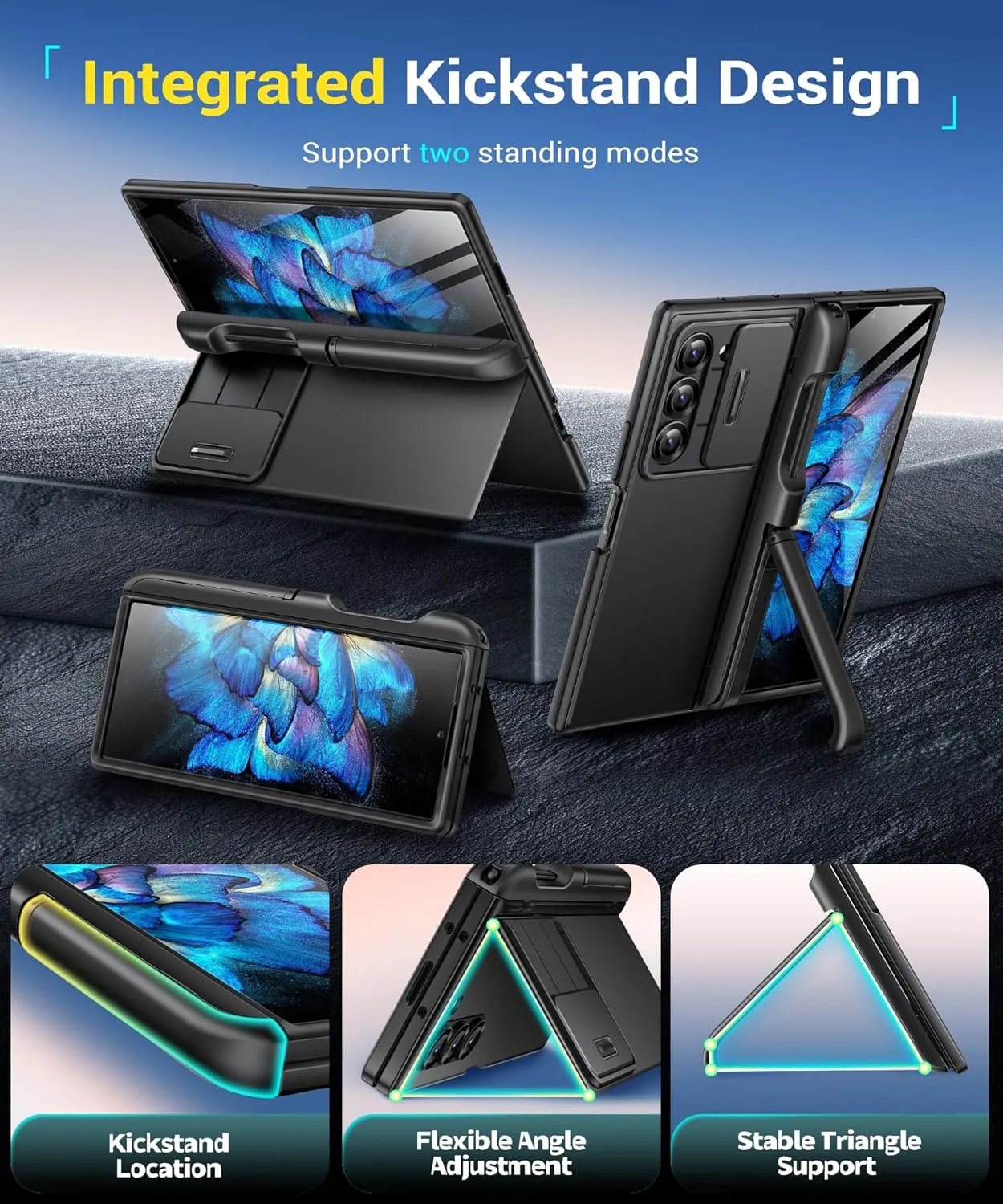 BERFY for Samsung Galaxy Z Fold 6 Case with Screen Protector, [2 Invisible Kickstand] Built-in S Pen Holder and Slide Camera Cover, [Anti Spy] Full-Body Shockproof Slim Phone Case for Z Fold 6, Black