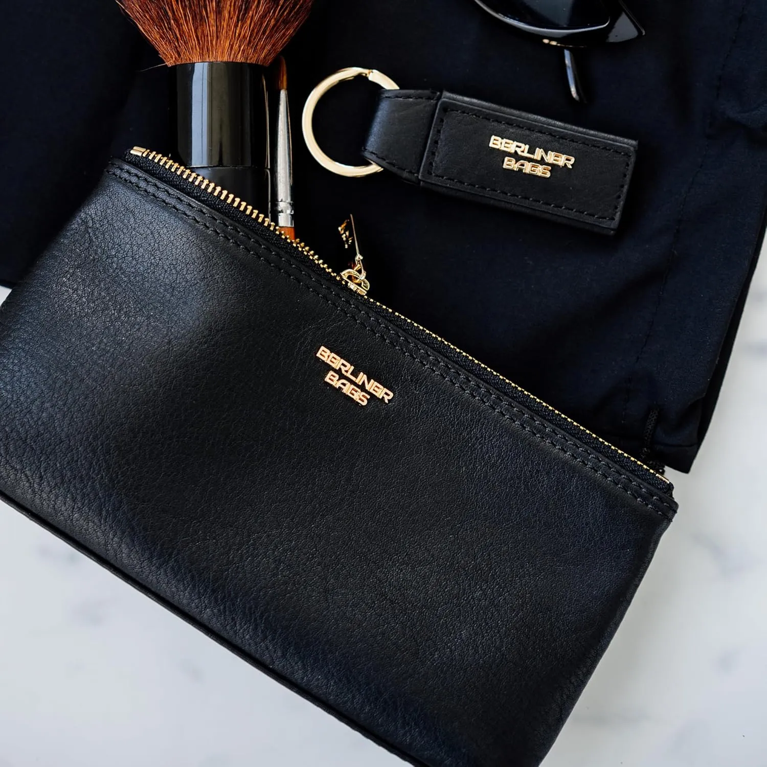 BERLINER BAGS Premium Genuine Leather Makeup Bag Anna, Cosmetic Bag for Purse, Travel and Cosmetics Pouch with Zipper for Women - Black