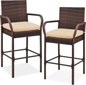 Best Choice Products Set of 2 Wicker Bar Stools, Indoor Outdoor Bar Height Chairs w/Cushion, Footrests, Armrests for Backyard, Patio, Pool, Garden, Deck - Brown
