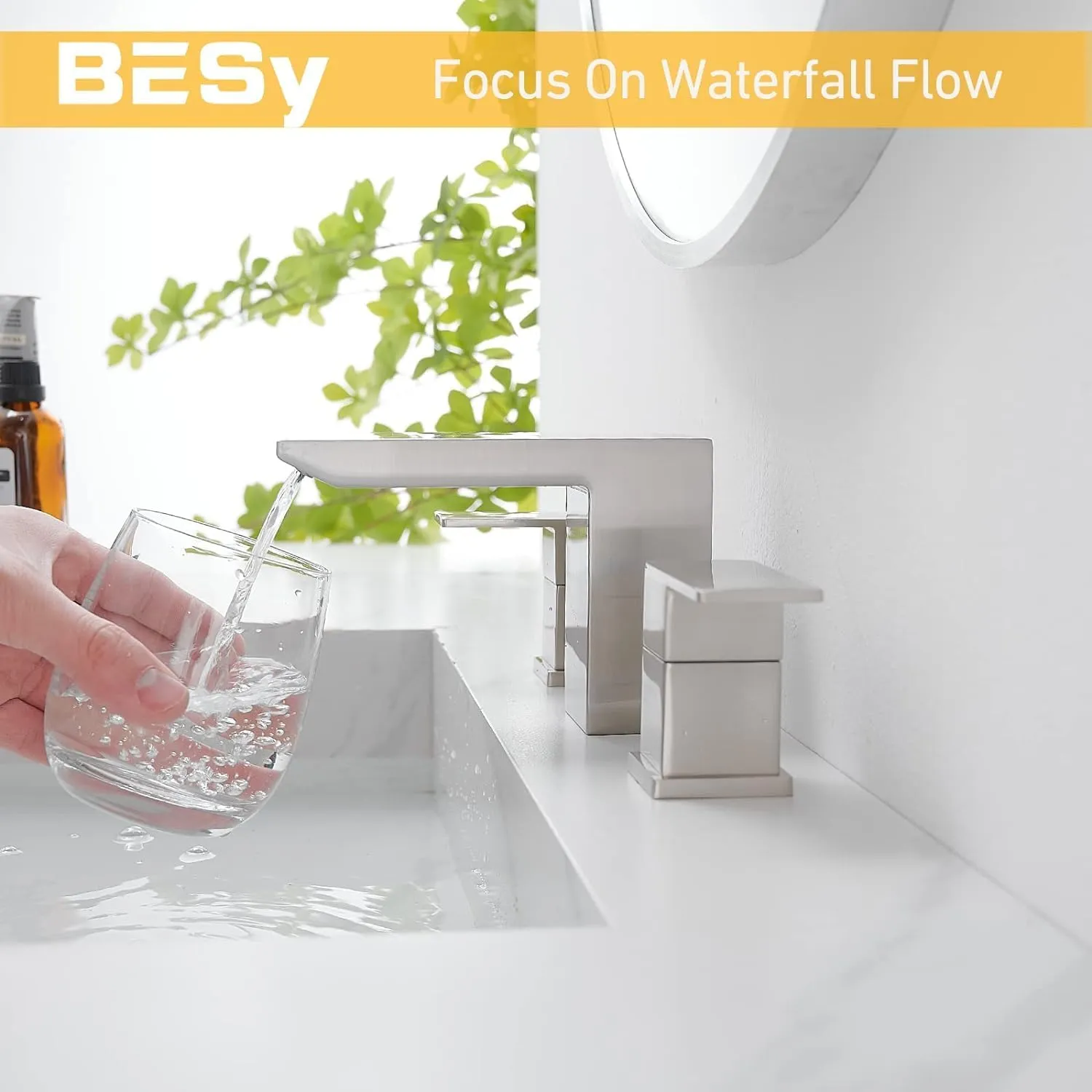 BESy Bathroom Faucet 3 Holes Two Handles Lavatory Vanity Sink Faucet Widespread 8 Inch Bathroom Sink Faucet, Waterfall Bathroom Sink Faucet with Supply Hoses, with Pop Up Drain, Brushed Nickel