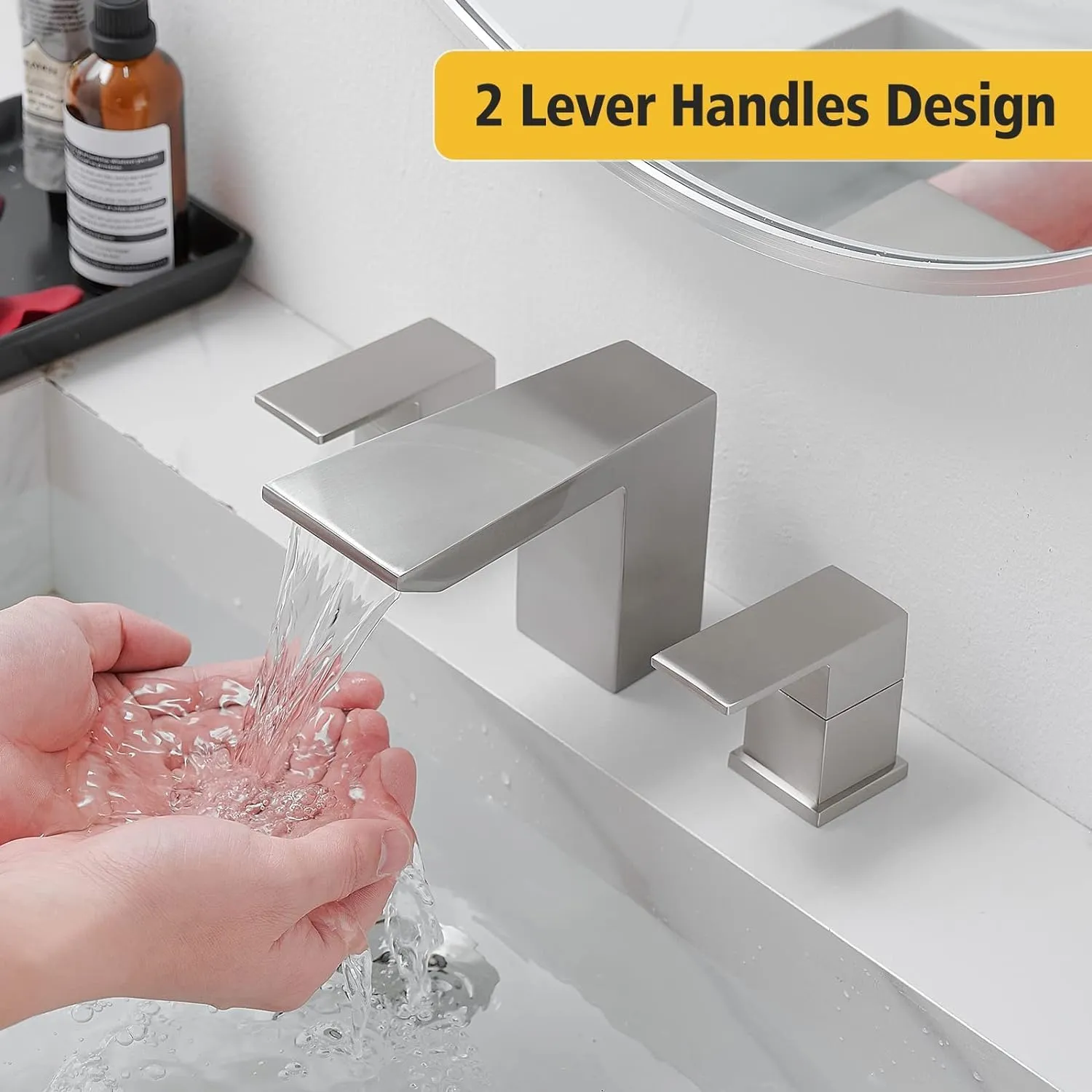 BESy Bathroom Faucet 3 Holes Two Handles Lavatory Vanity Sink Faucet Widespread 8 Inch Bathroom Sink Faucet, Waterfall Bathroom Sink Faucet with Supply Hoses, with Pop Up Drain, Brushed Nickel