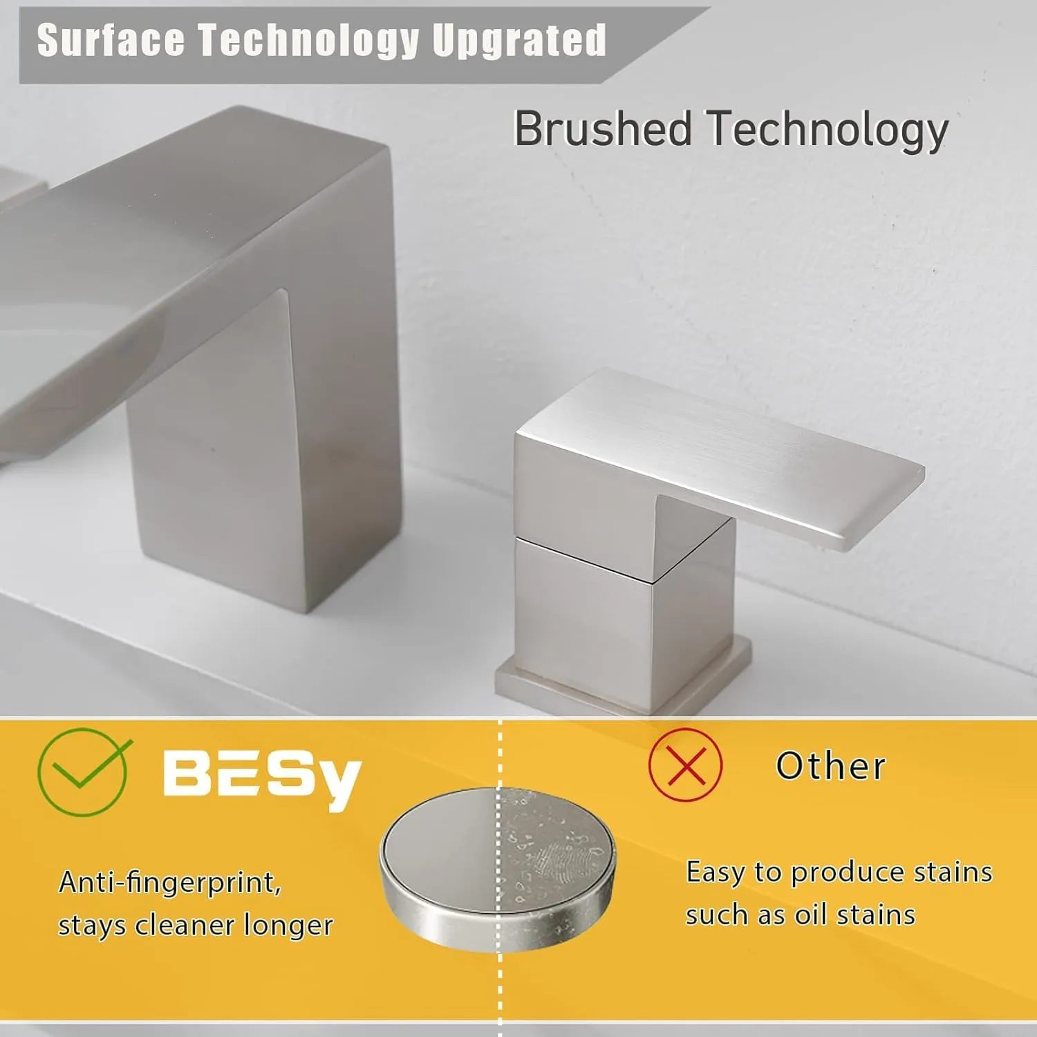 BESy Bathroom Faucet 3 Holes Two Handles Lavatory Vanity Sink Faucet Widespread 8 Inch Bathroom Sink Faucet, Waterfall Bathroom Sink Faucet with Supply Hoses, with Pop Up Drain, Brushed Nickel