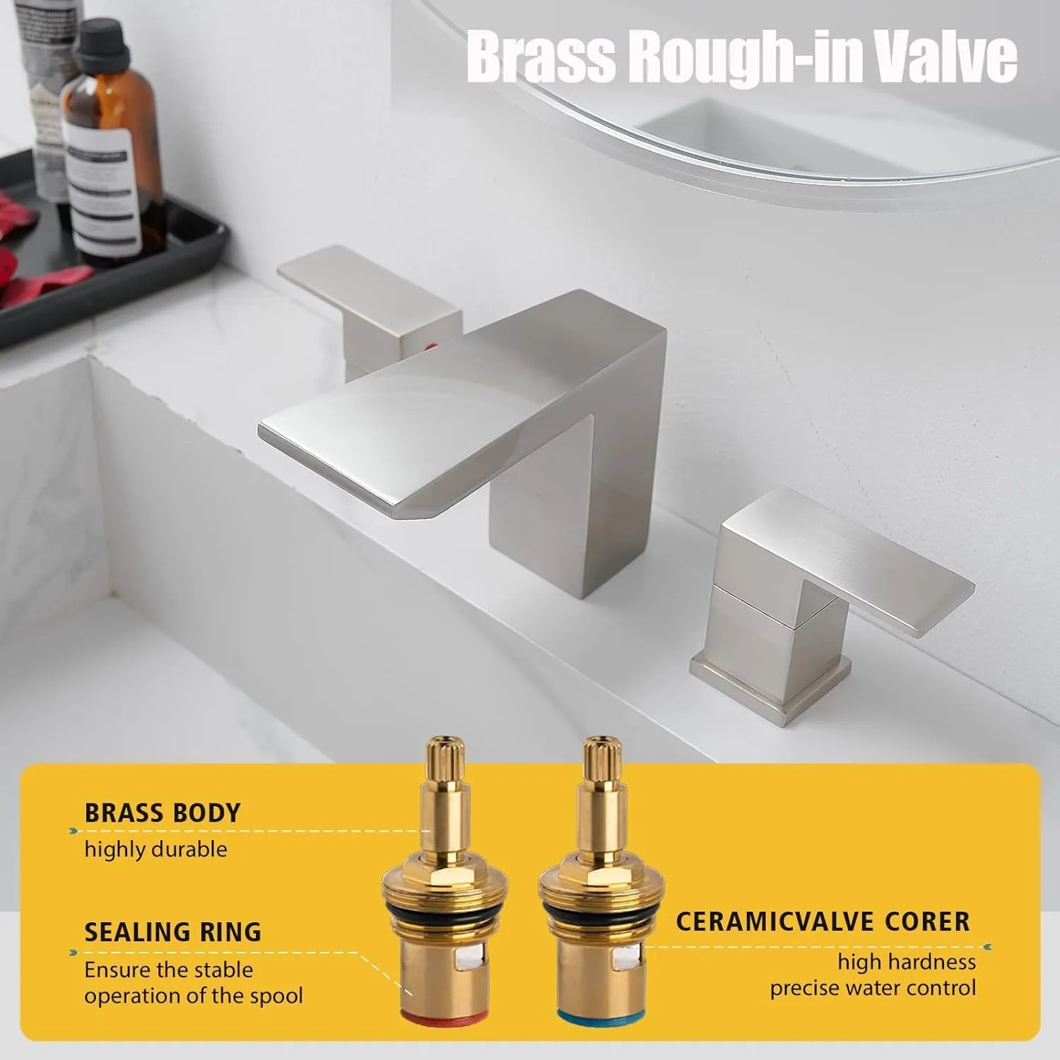 BESy Bathroom Faucet 3 Holes Two Handles Lavatory Vanity Sink Faucet Widespread 8 Inch Bathroom Sink Faucet, Waterfall Bathroom Sink Faucet with Supply Hoses, with Pop Up Drain, Brushed Nickel