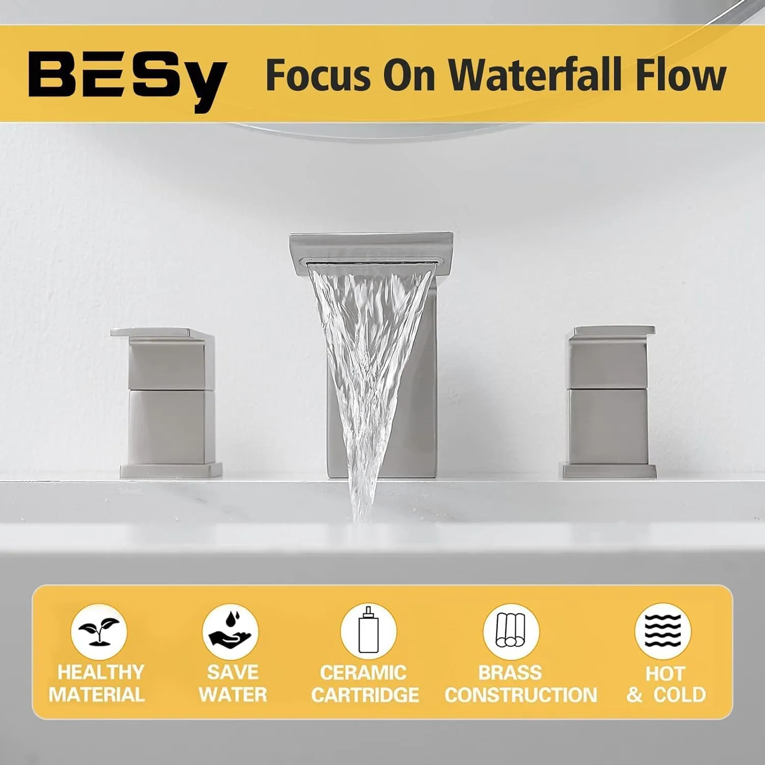 BESy Bathroom Faucet 3 Holes Two Handles Lavatory Vanity Sink Faucet Widespread 8 Inch Bathroom Sink Faucet, Waterfall Bathroom Sink Faucet with Supply Hoses, with Pop Up Drain, Brushed Nickel